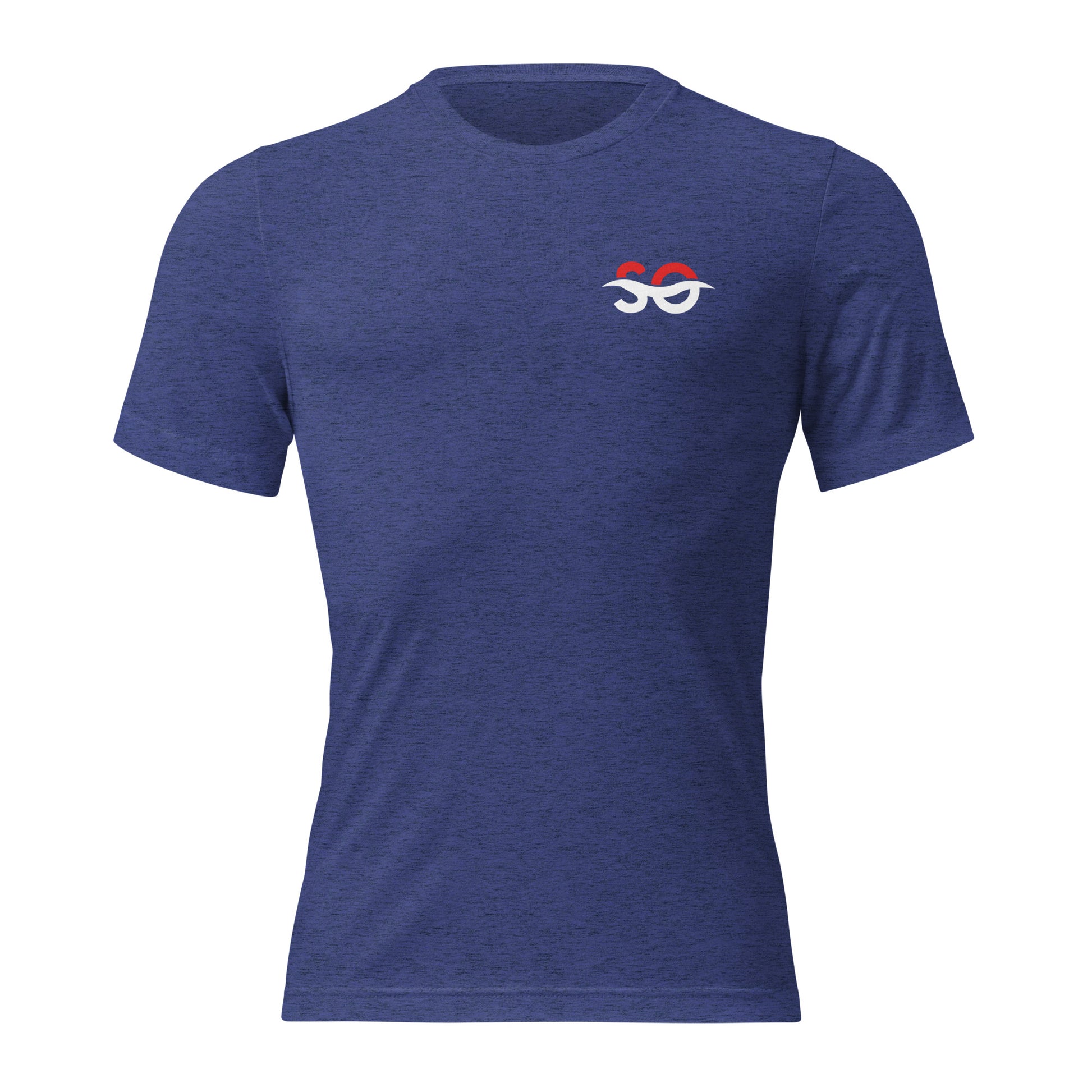 a blue t - shirt with a red and white logo