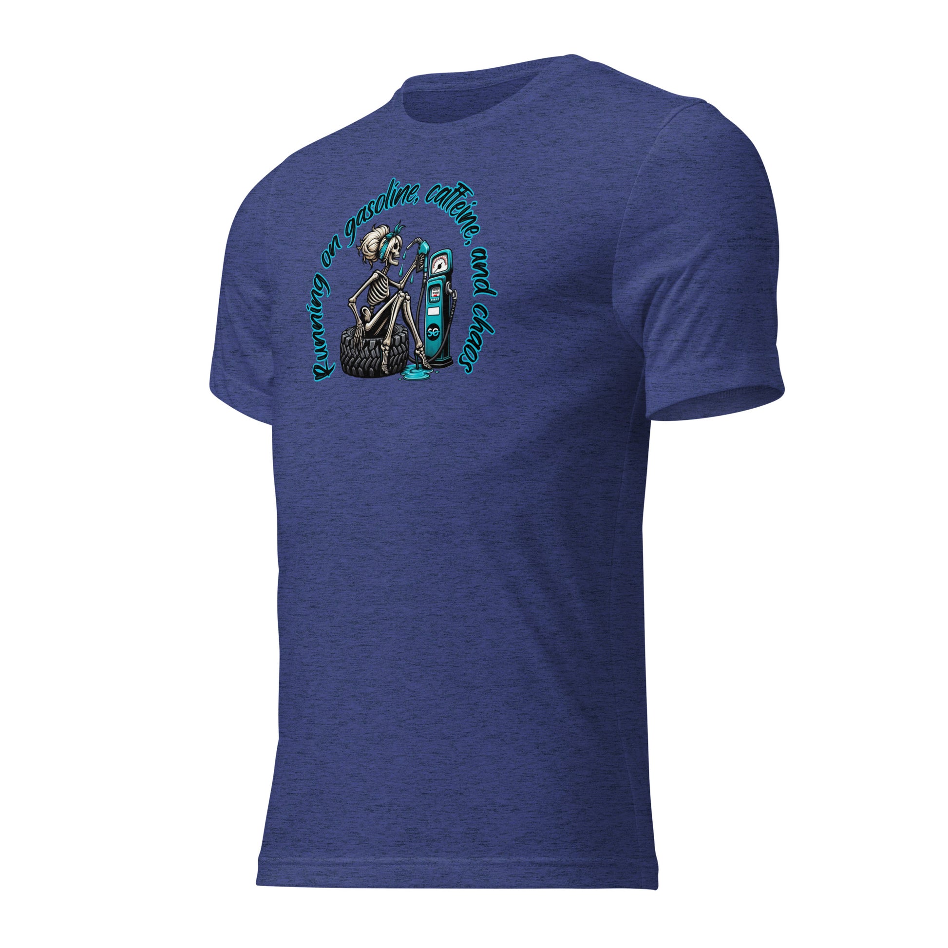 a blue t - shirt with a picture of a skeleton and a woman