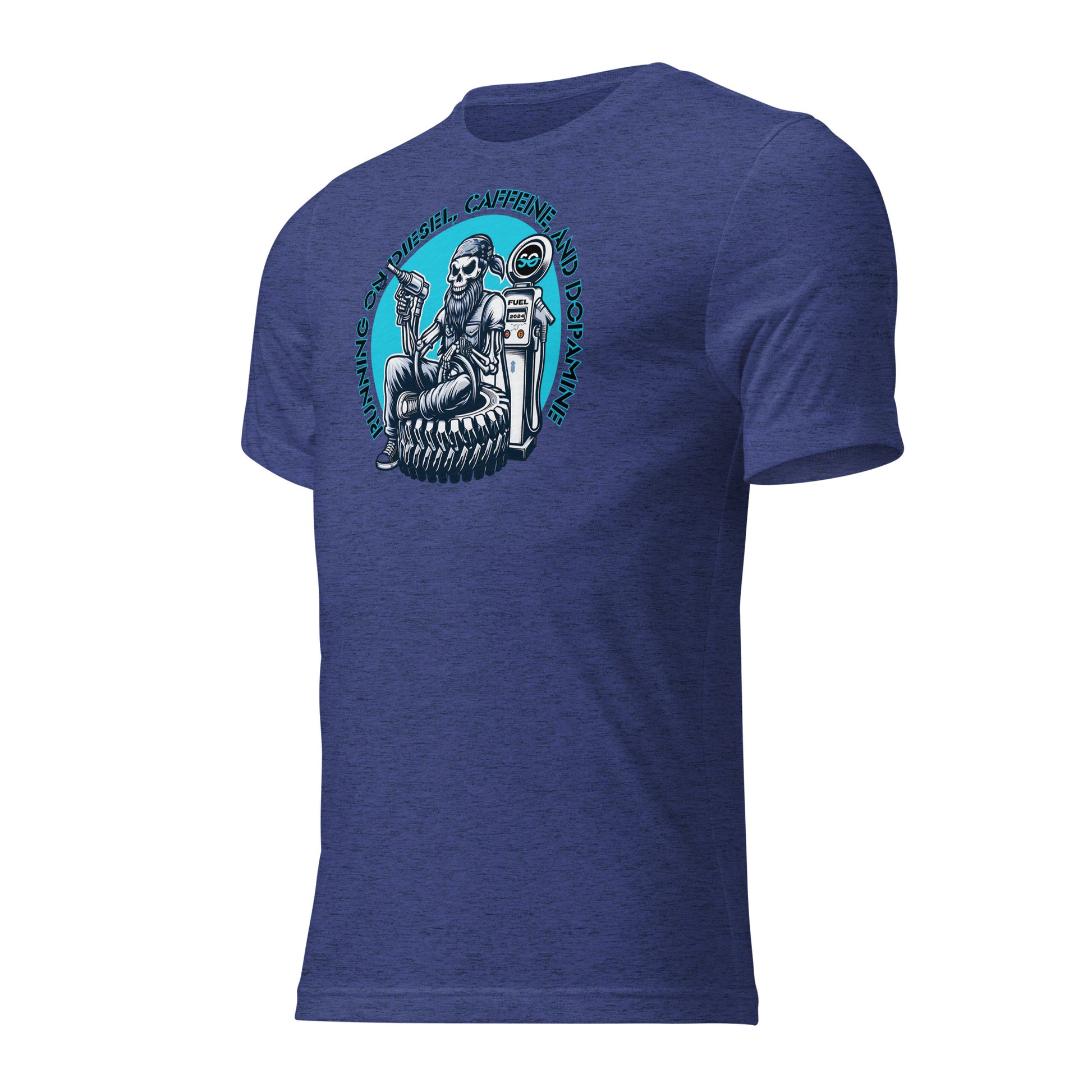 a blue t - shirt with a skeleton riding a motorcycle