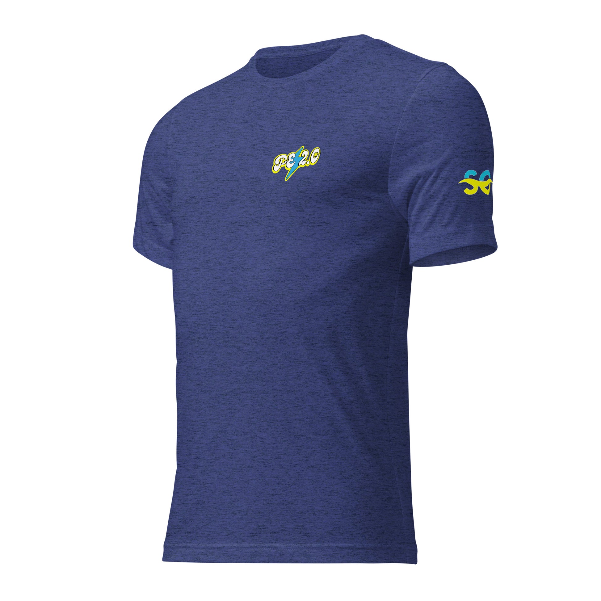 a blue t - shirt with a colorful logo on the chest