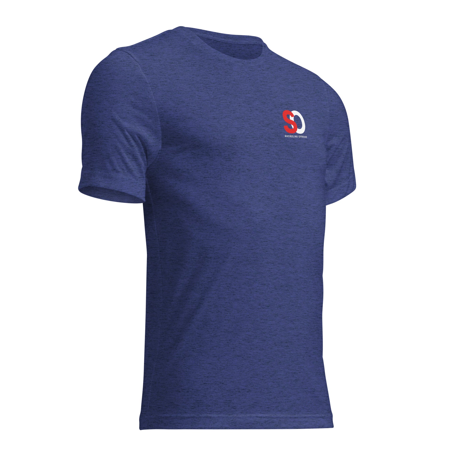 a blue t - shirt with a red and white logo