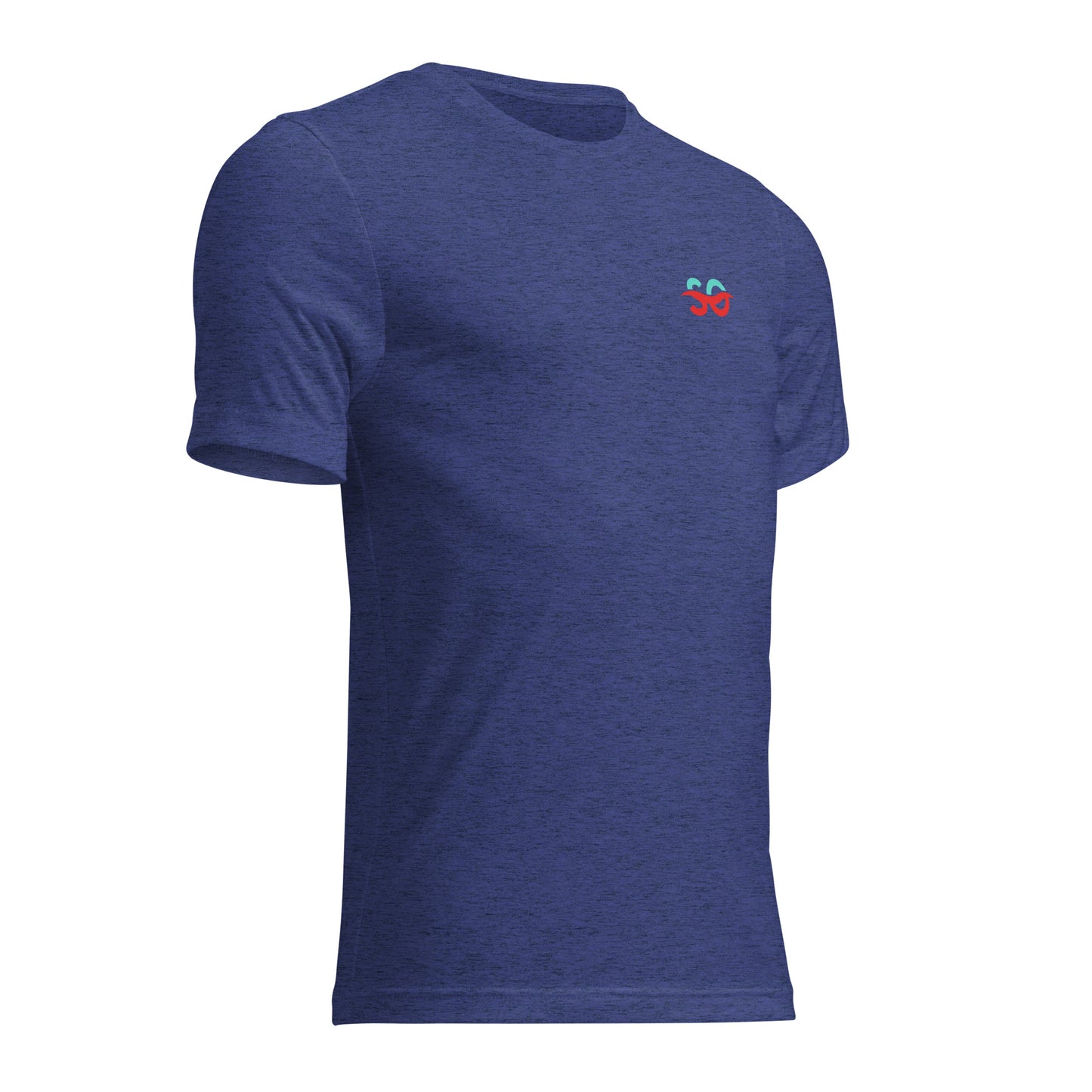 a blue t - shirt with a red heart on the chest