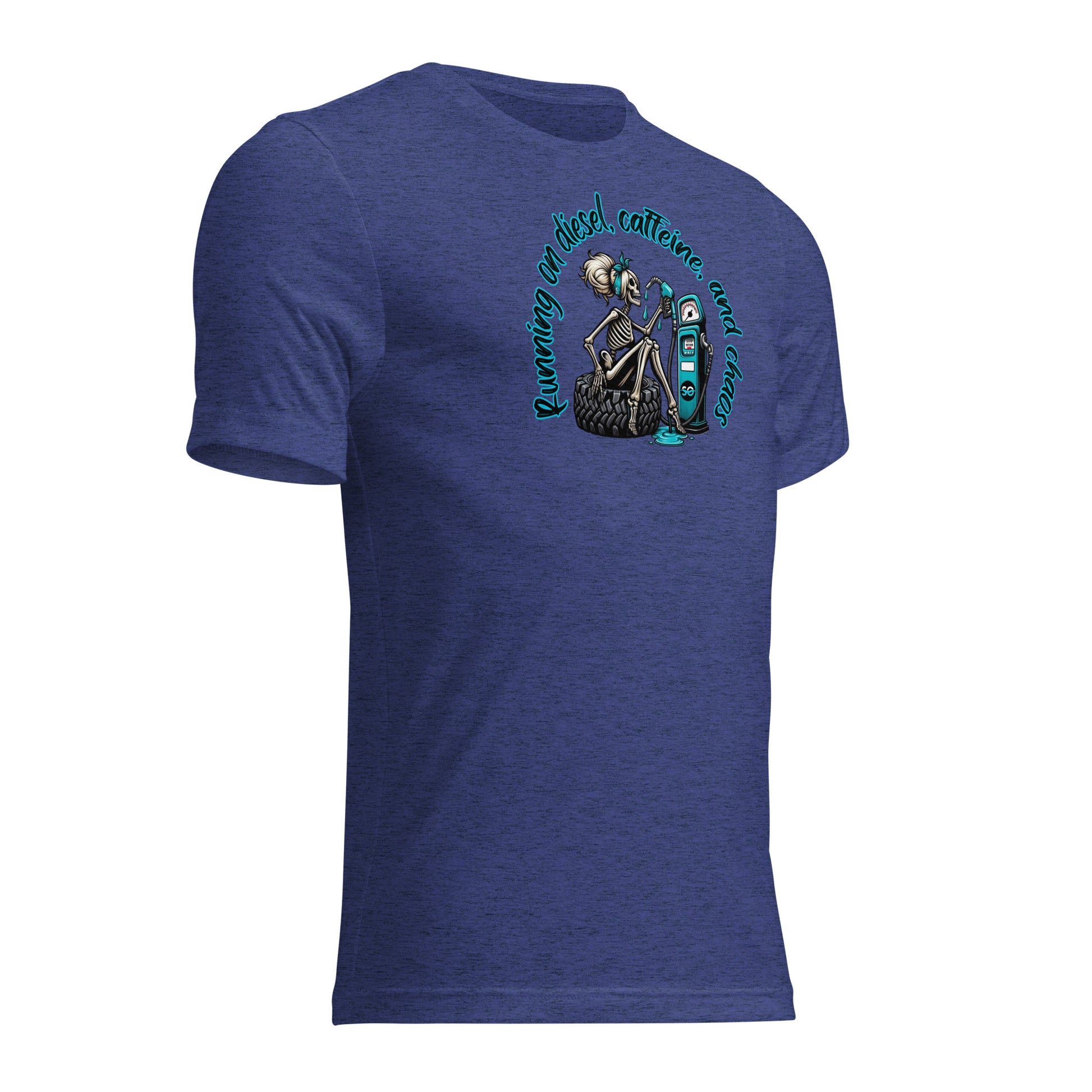 a blue t - shirt with a skeleton holding a skateboard