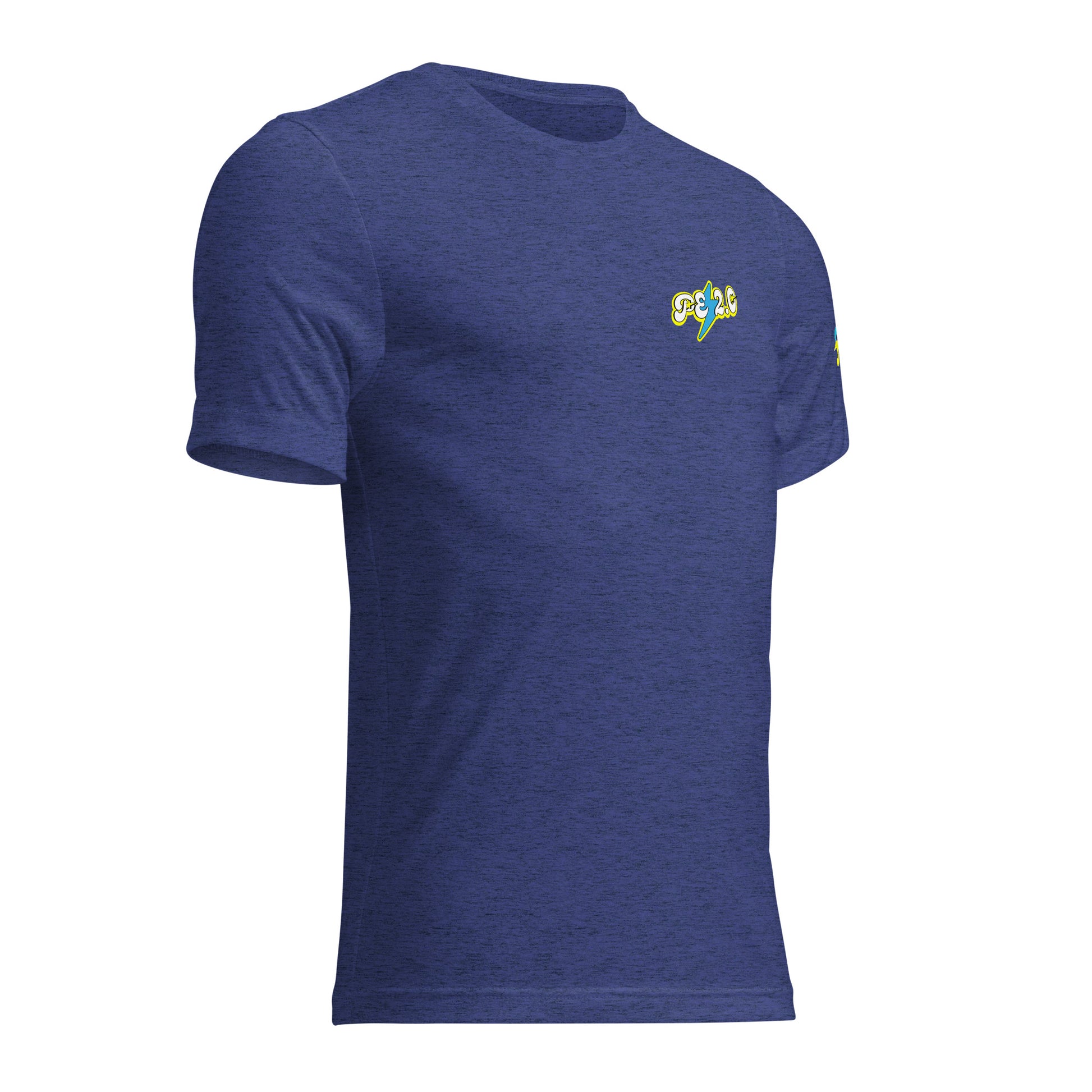 a blue t - shirt with a colorful logo on the chest