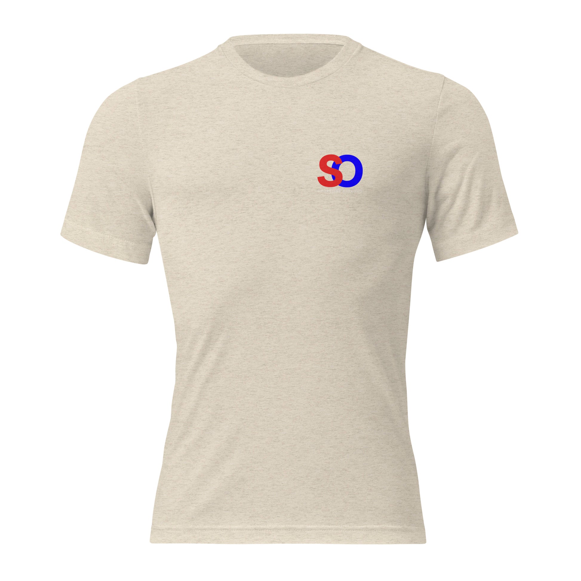 a white t - shirt with a red and blue logo