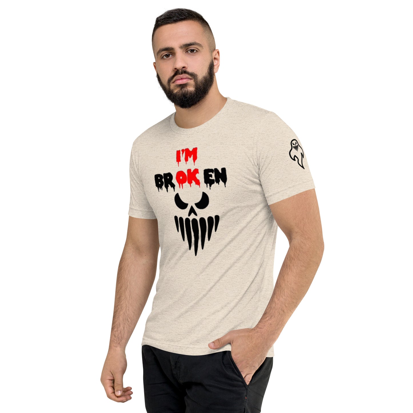 a man with a beard wearing a t - shirt that says i'm broken