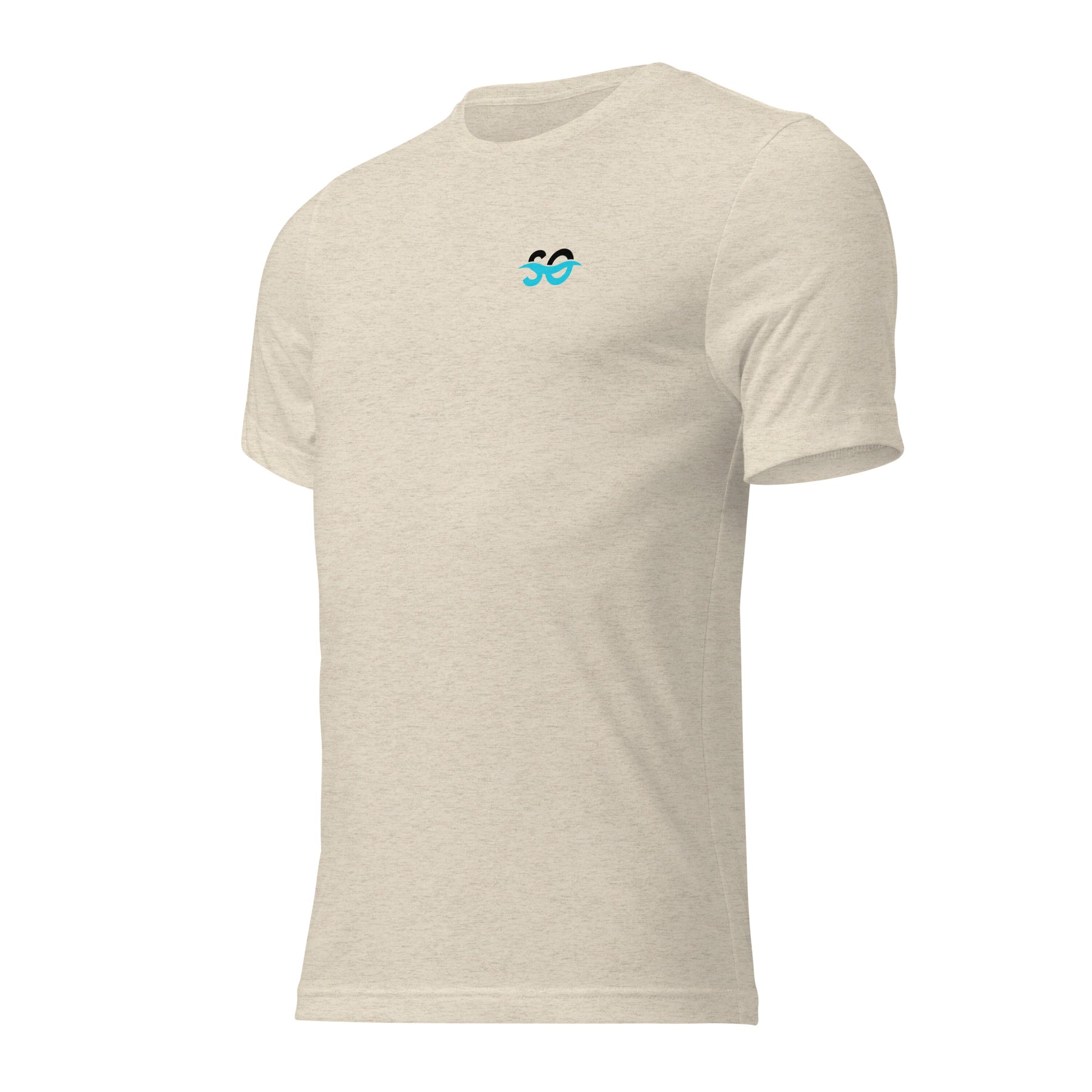 a white t - shirt with a blue logo on the chest