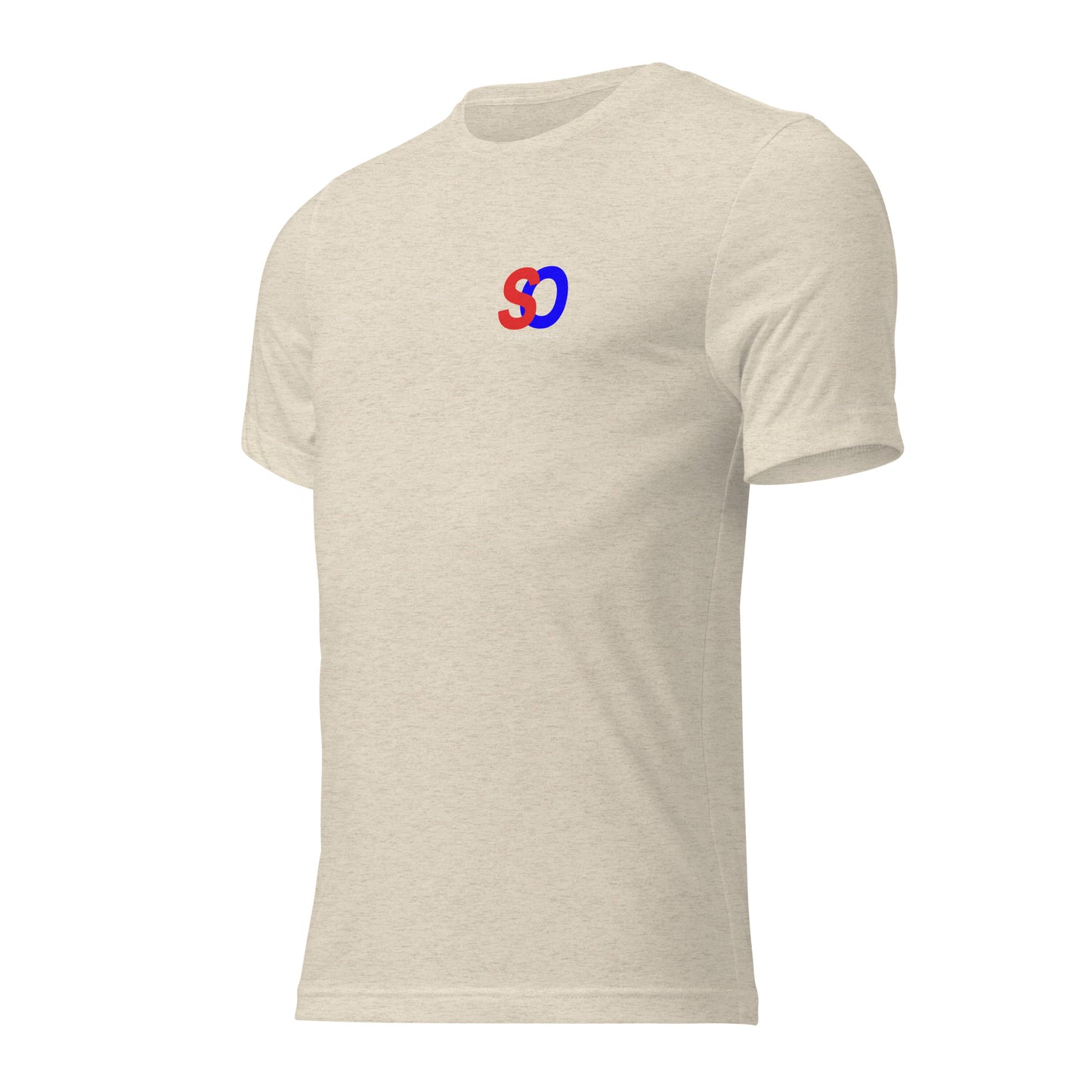 a white t - shirt with a blue and red logo