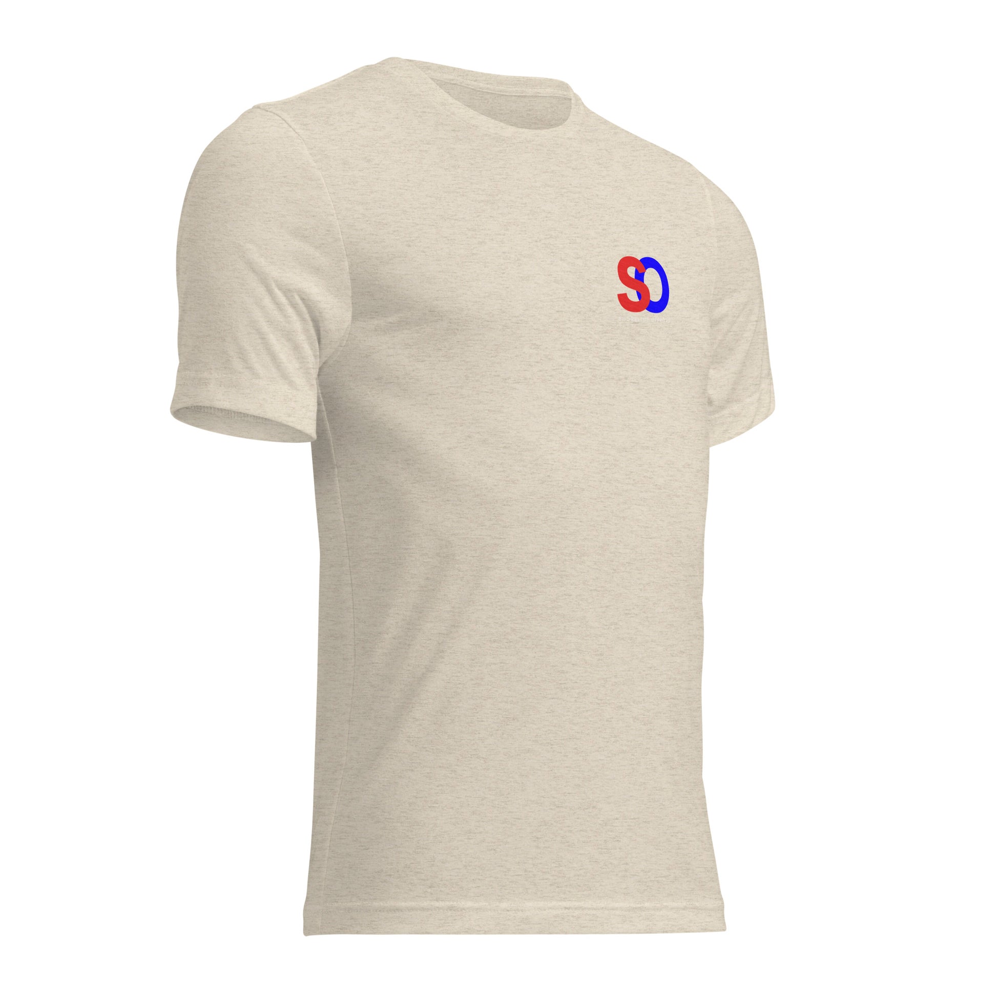 a white t - shirt with a red and blue logo