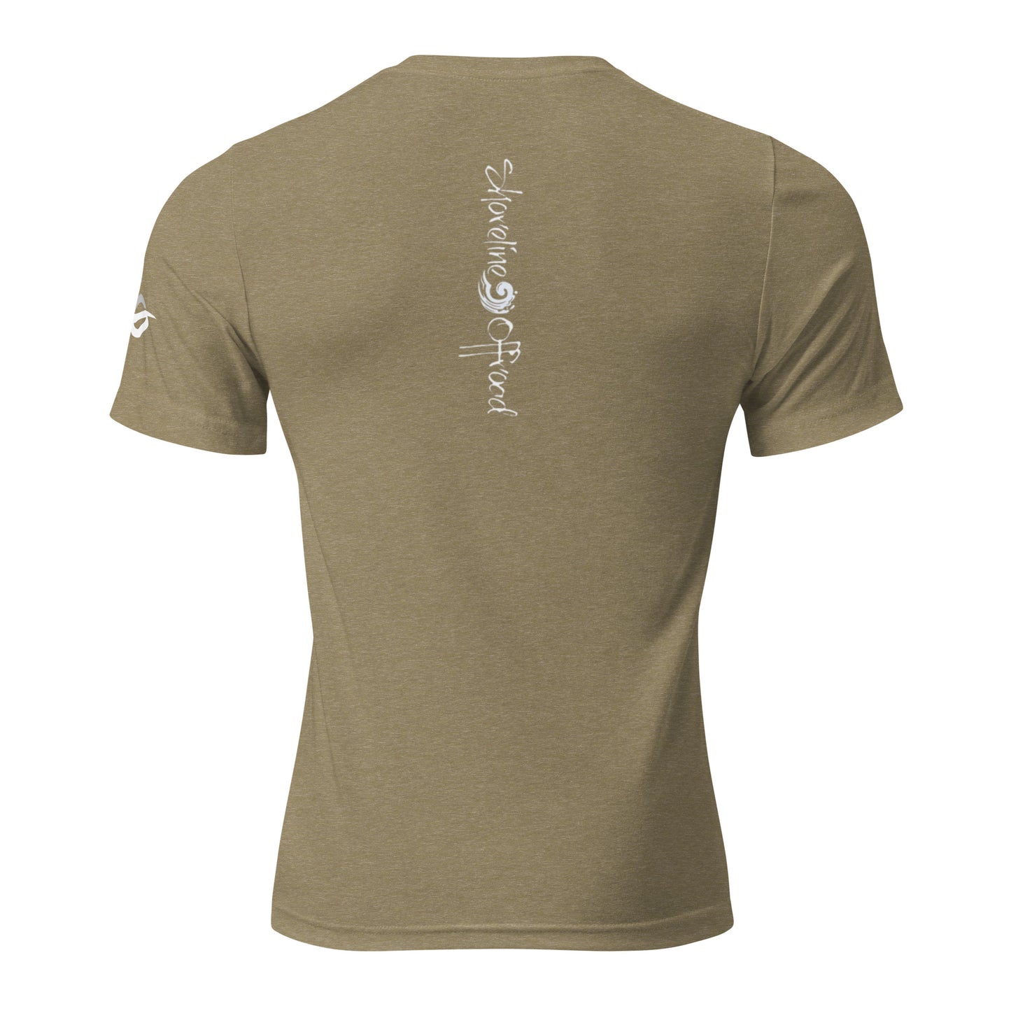 the back of a tan shirt with white writing on it