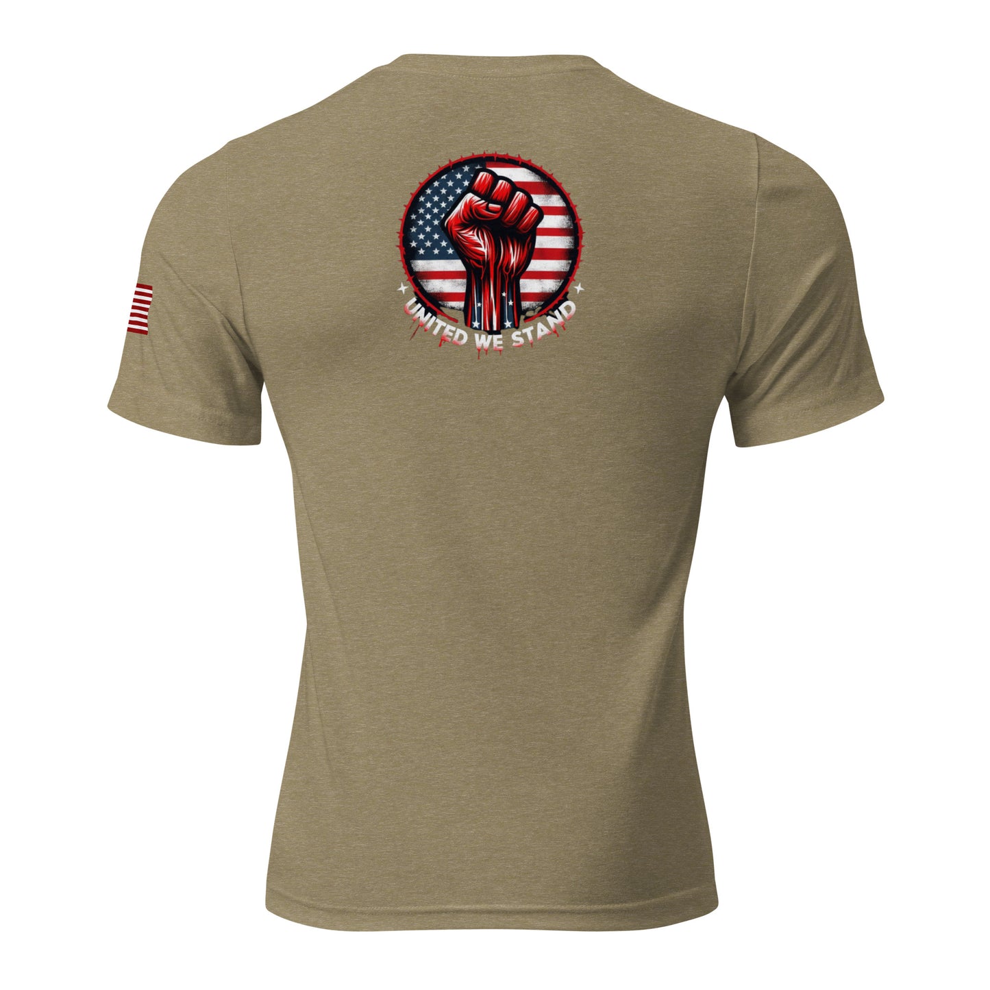 a t - shirt with the american flag and a fist on it