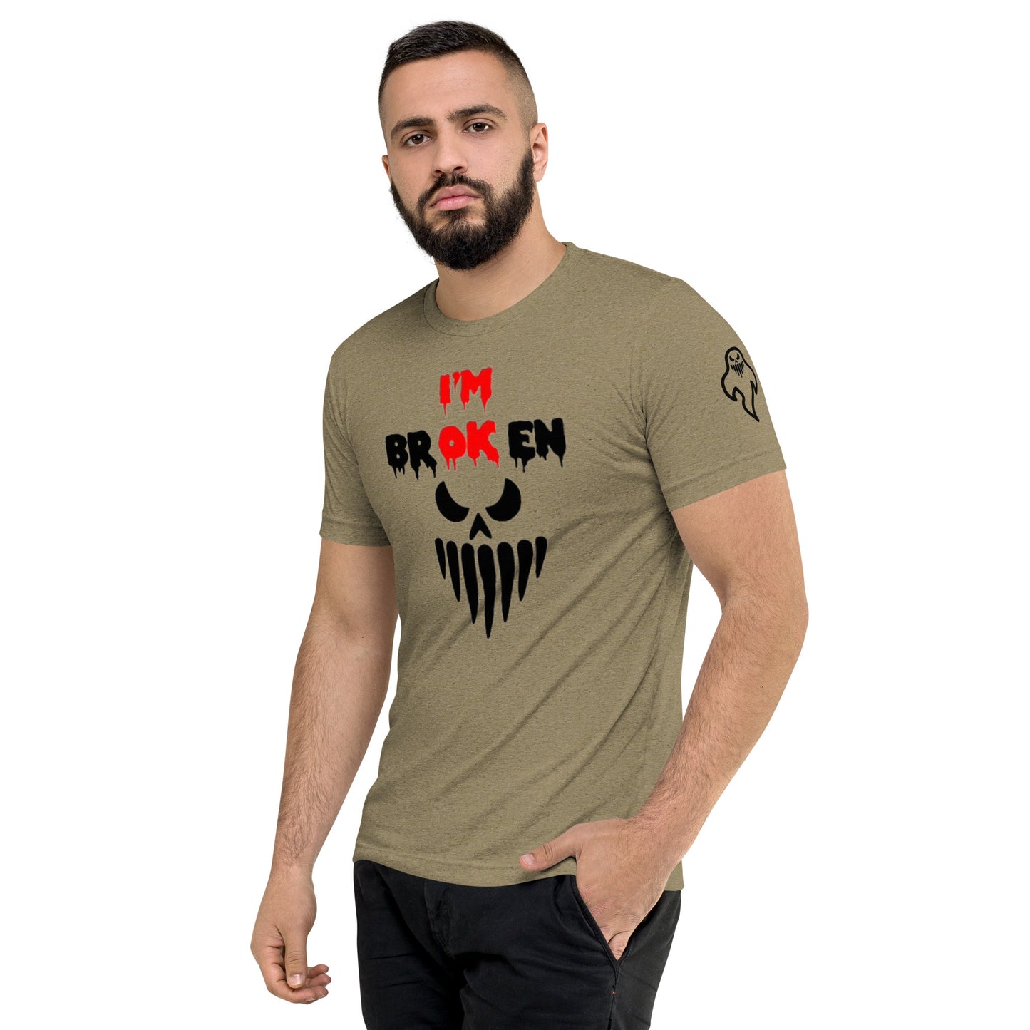 a man wearing a t - shirt with a skull on it