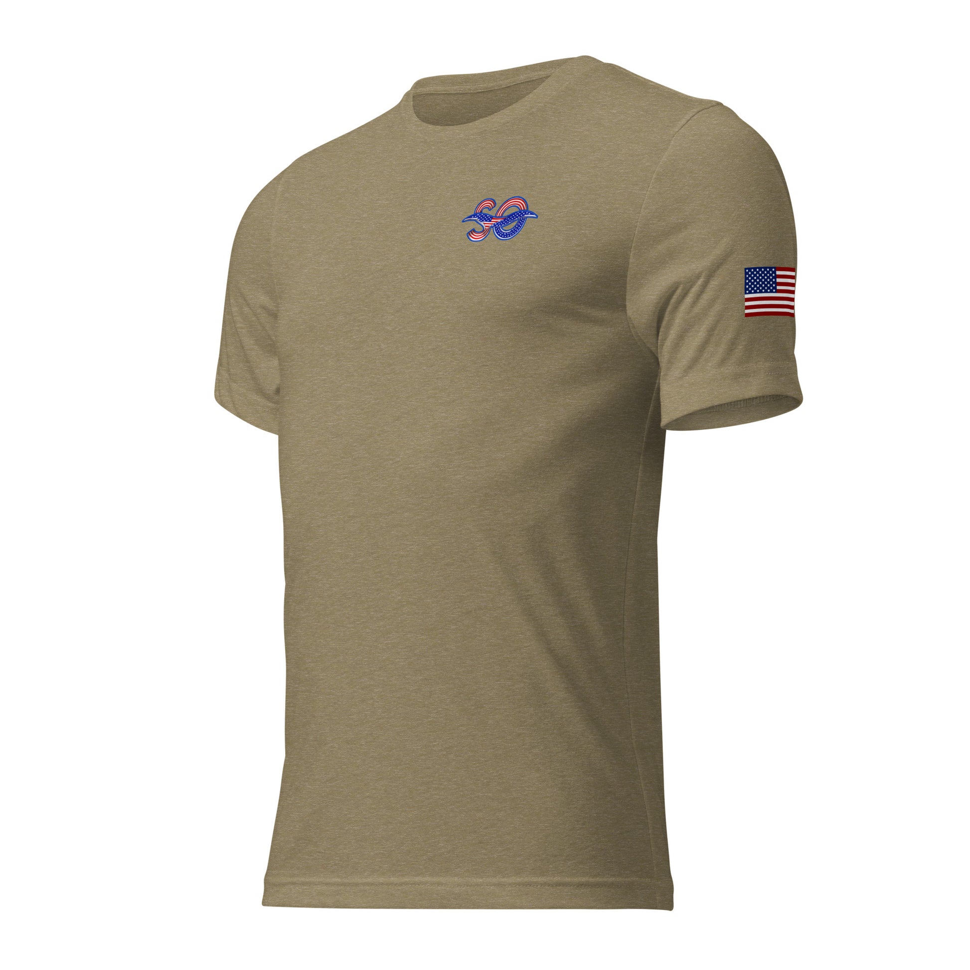 a tan t - shirt with an american flag on the chest