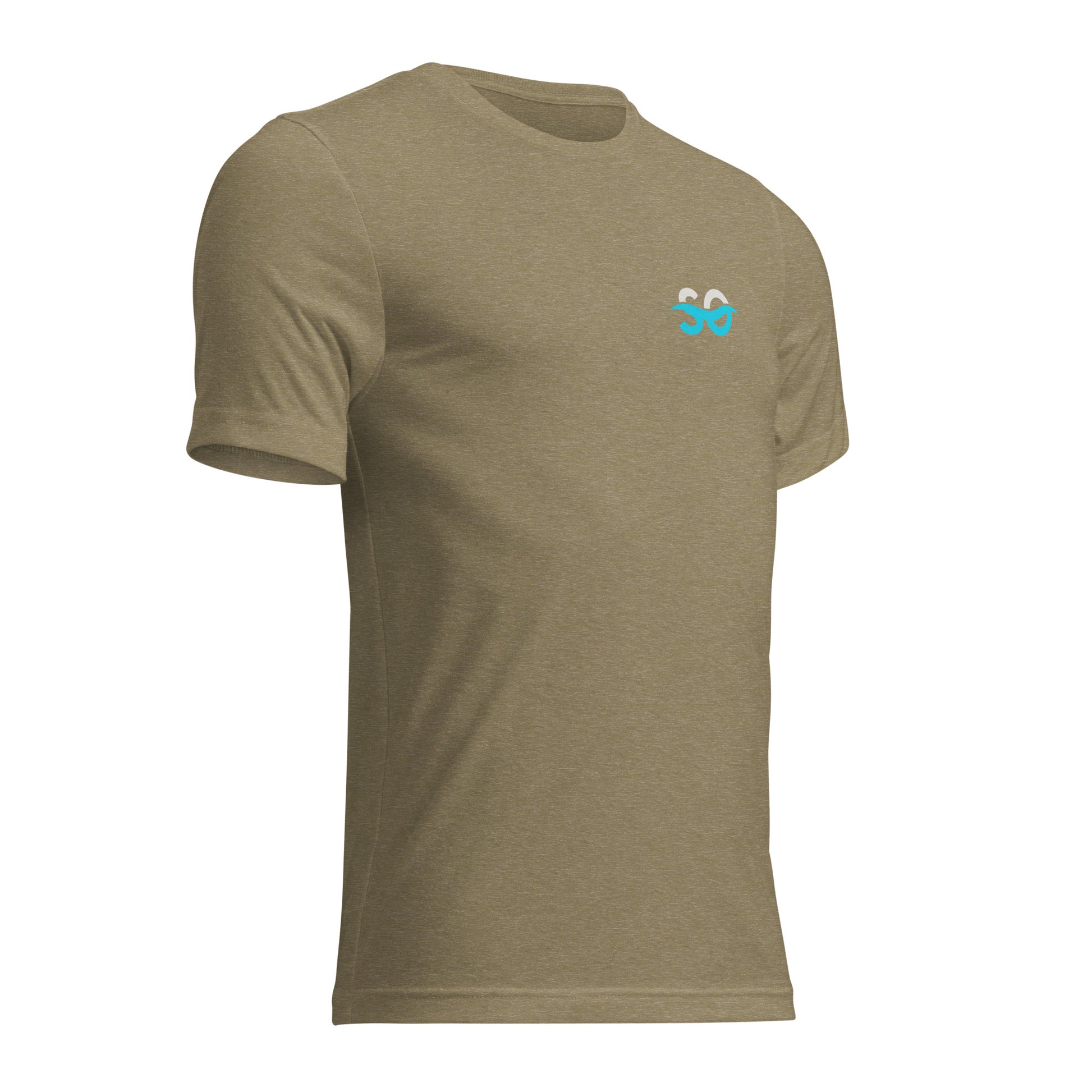 a tan shirt with a blue logo on the chest
