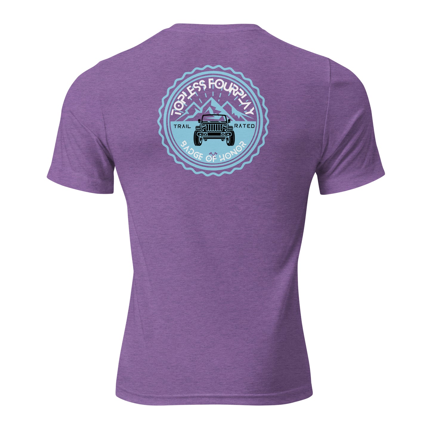 a purple t - shirt with a truck and mountains in the background