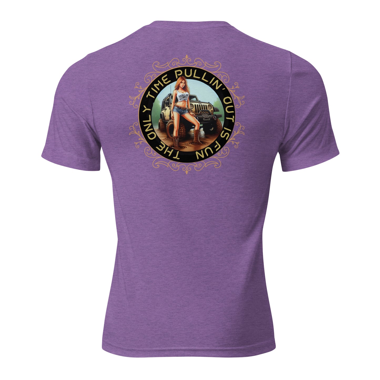 a purple t - shirt with a picture of a woman sitting on top of a