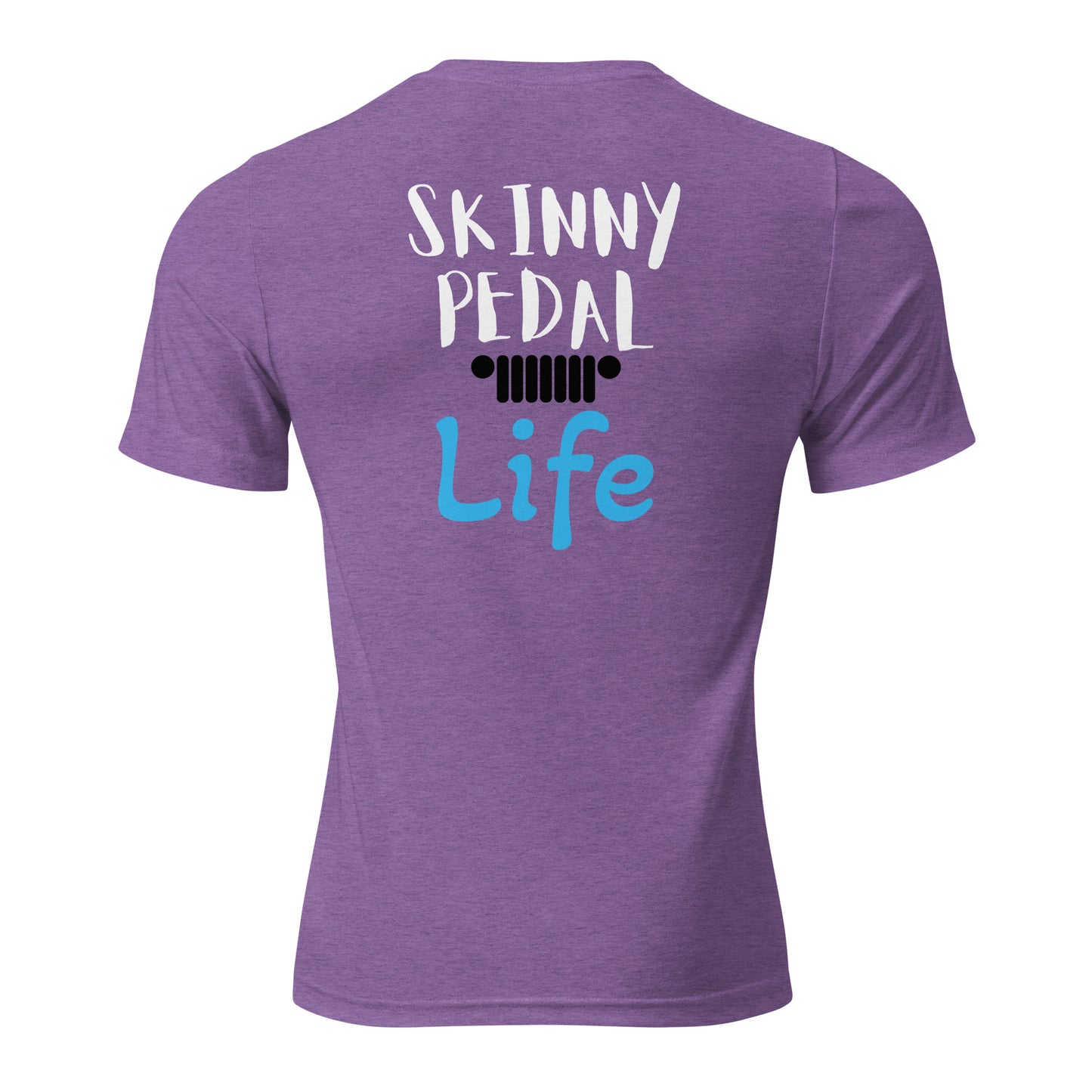 the back of a purple shirt that says ski tiny pedal life