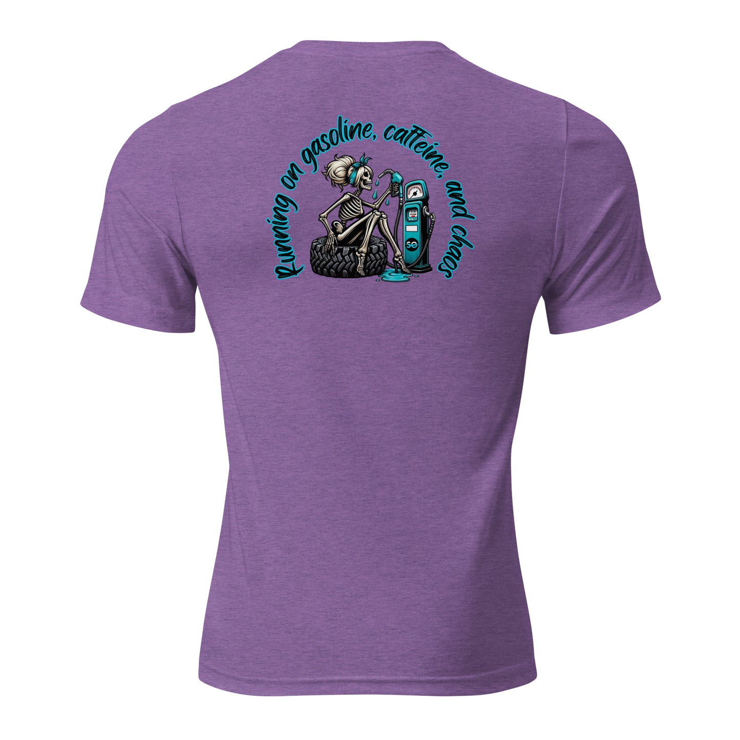 a purple shirt with a skeleton riding a snowboard