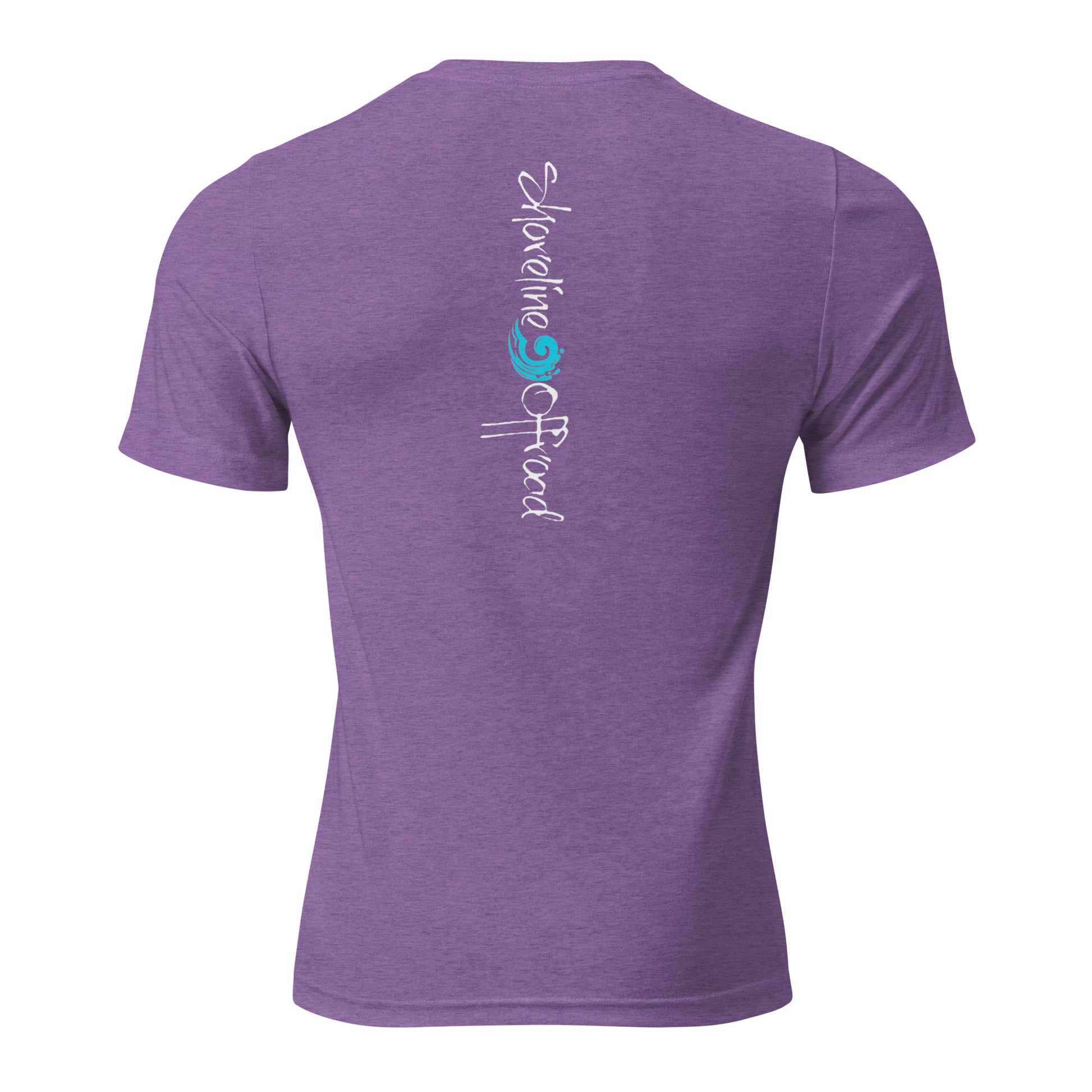 the back of a purple shirt with a blue and green logo on it