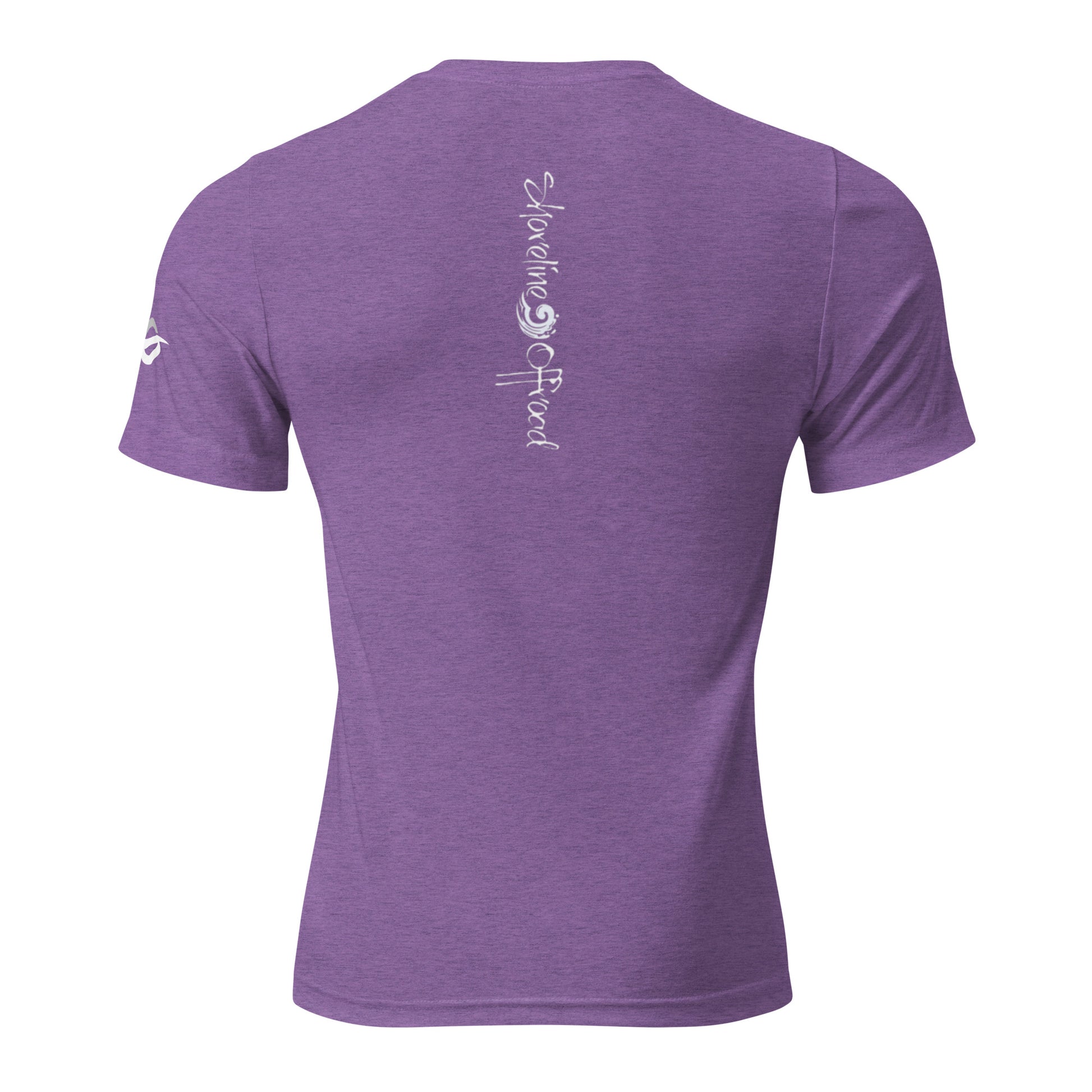 the back of a purple t - shirt with white writing on it