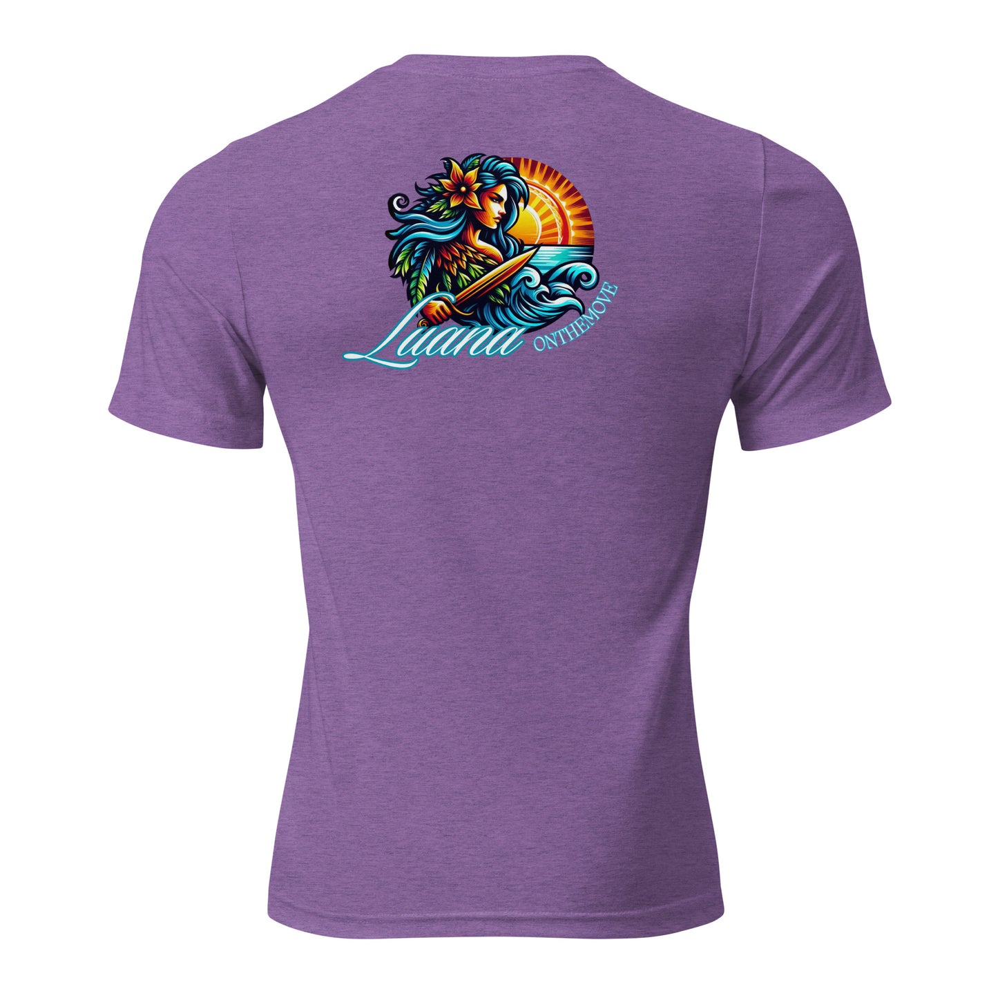 the back of a purple shirt with an image of a mermaid holding a surfboard