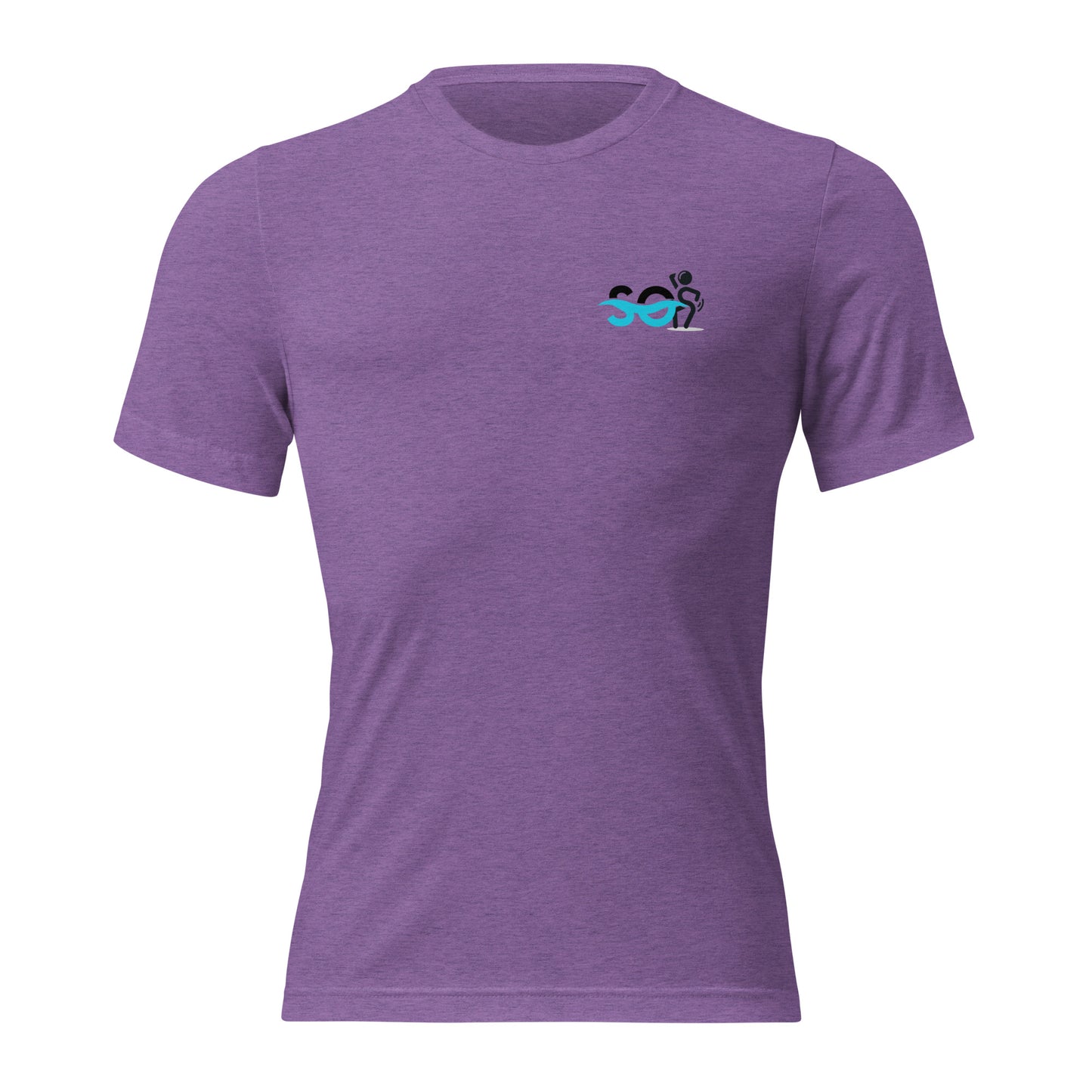 a purple t - shirt with a blue logo on the chest