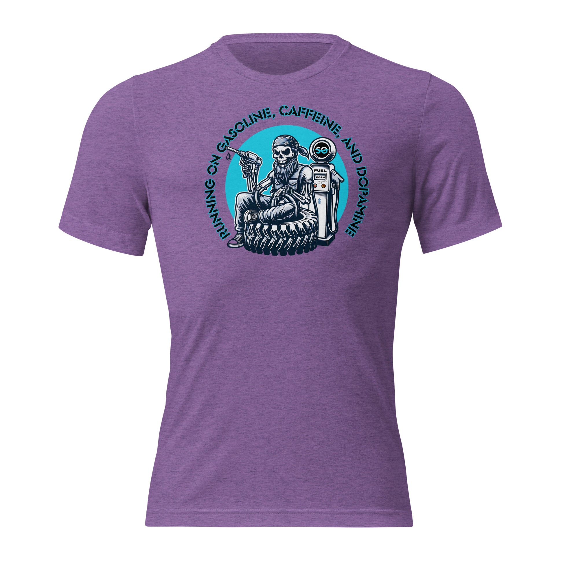 a purple t - shirt with a picture of a man sitting in a chair
