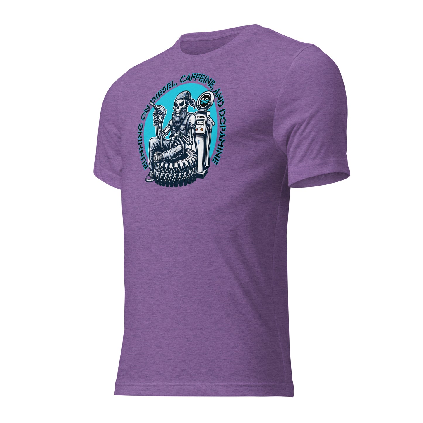 a purple t - shirt with a picture of a skeleton on it