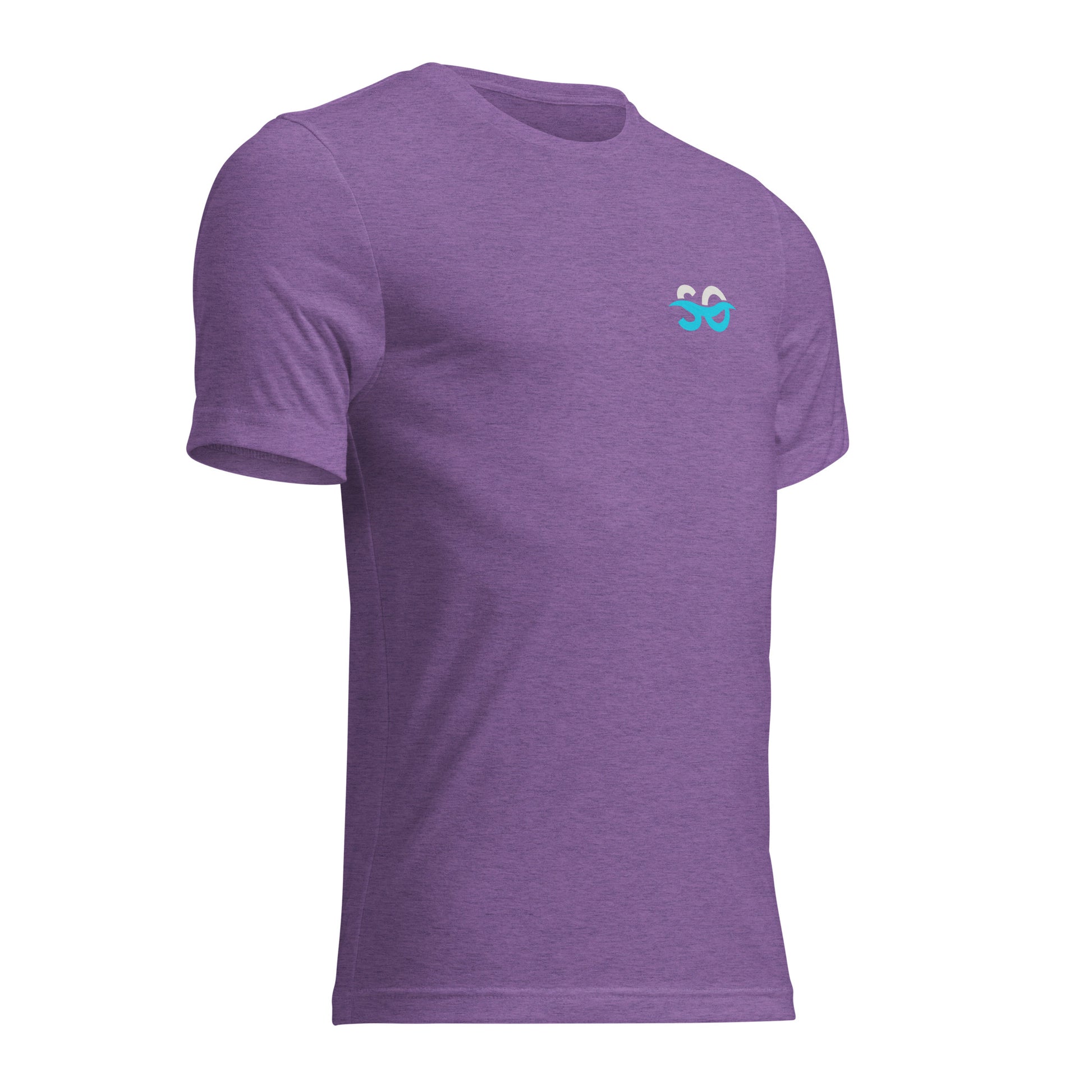 a purple t - shirt with a blue logo on the chest