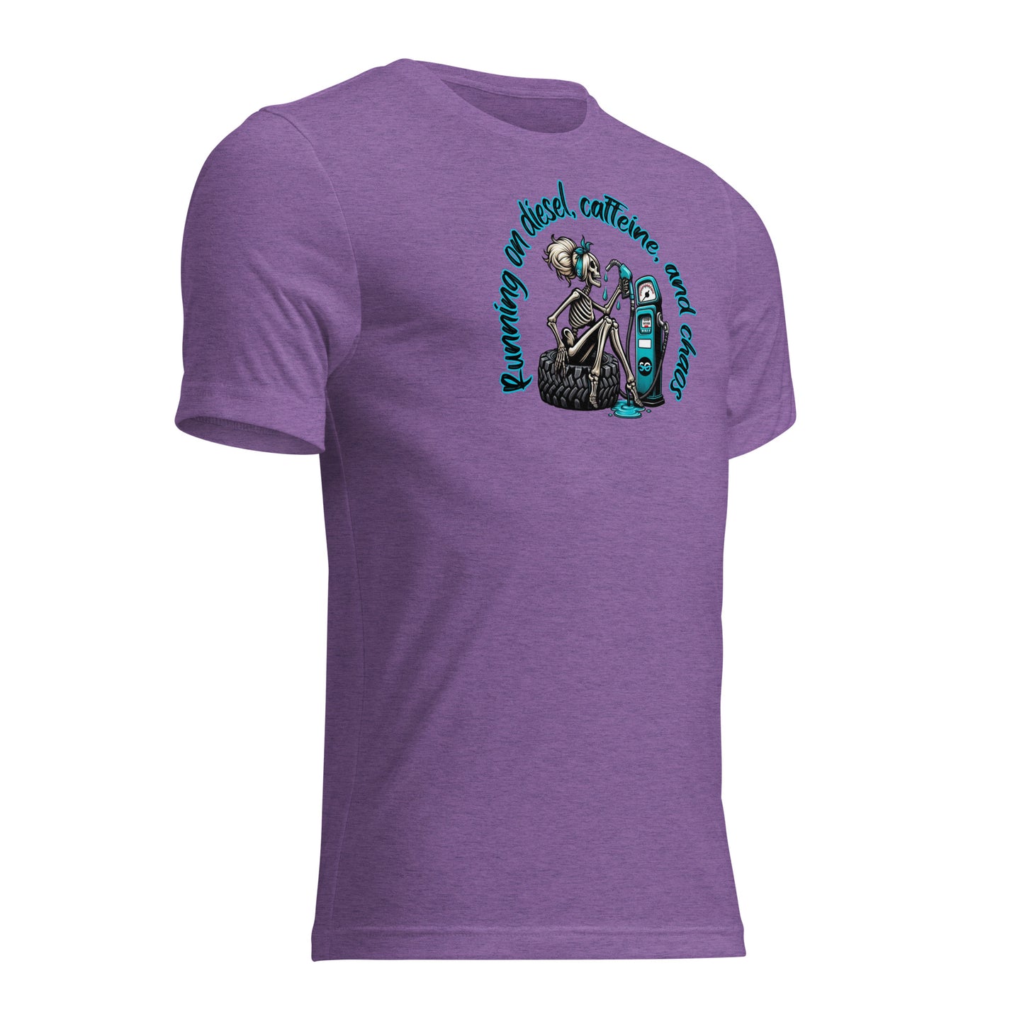 a purple t - shirt with a skeleton holding a skateboard