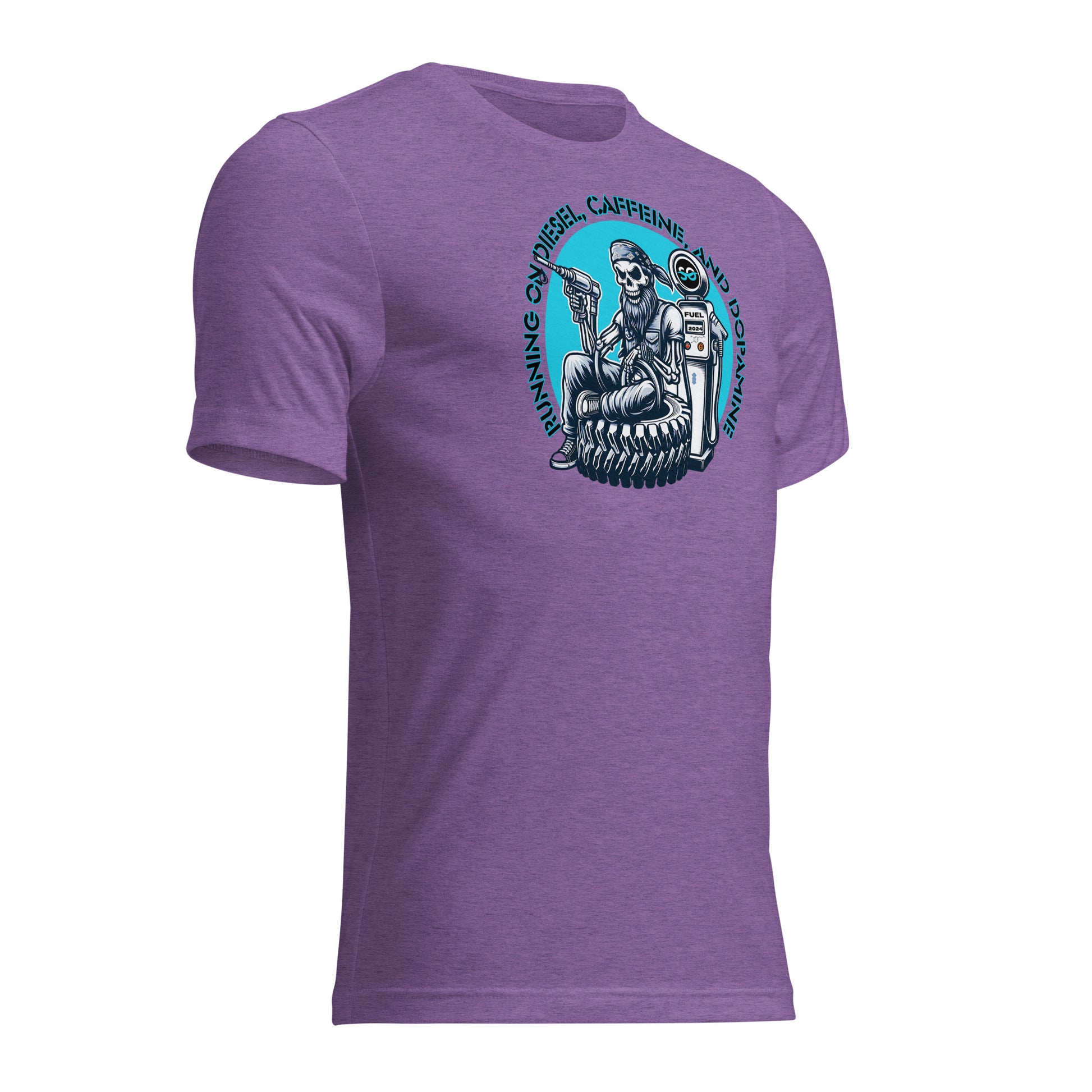 a purple t - shirt with a picture of a man on a motorcycle