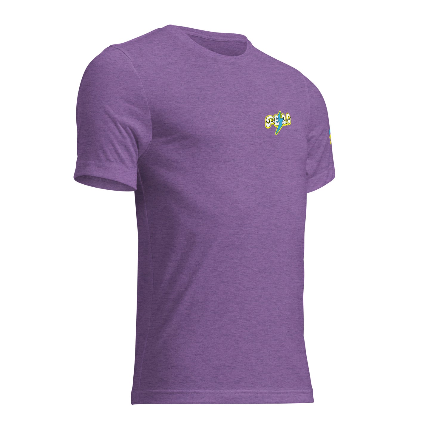 a purple t - shirt with a colorful design on the chest