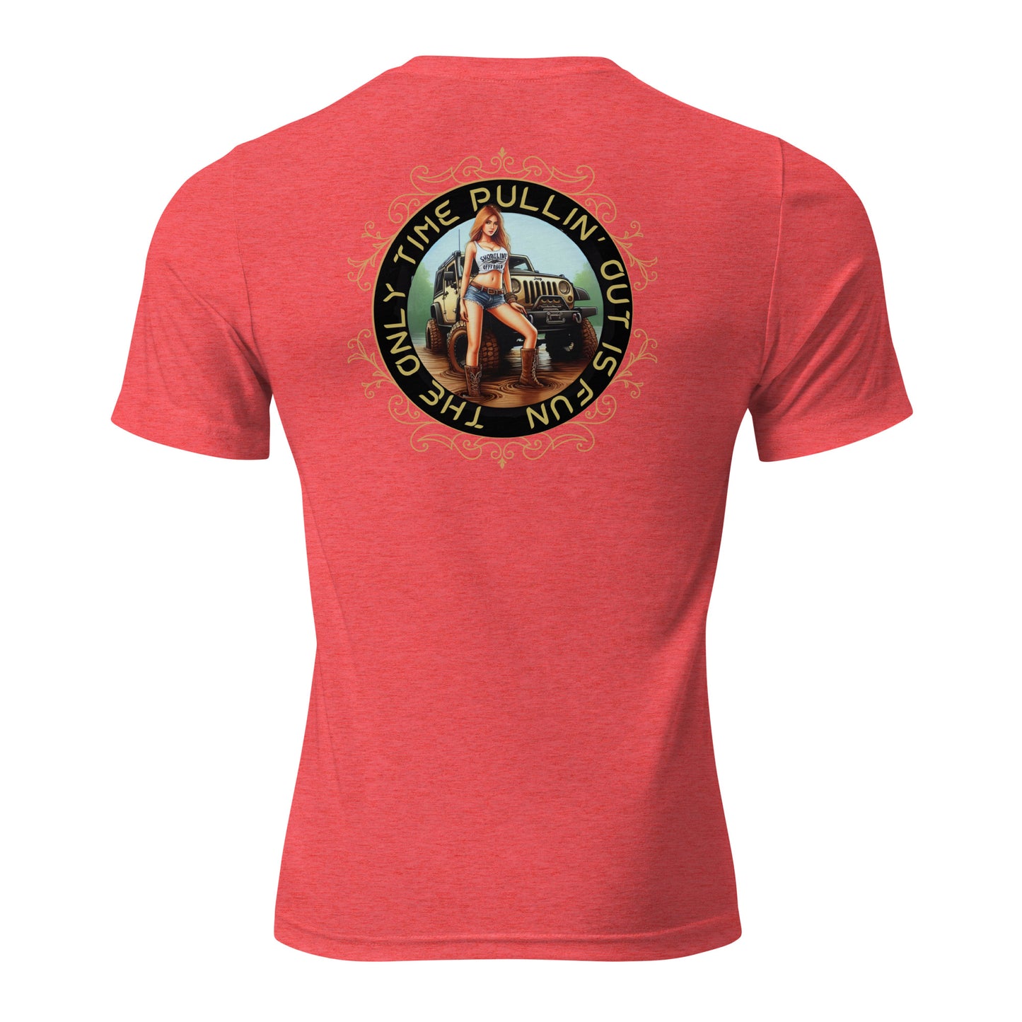 a red t - shirt with a picture of a woman sitting on top of a