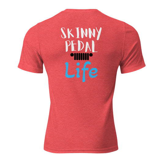 the back of a red shirt that says ski tiny pedal life
