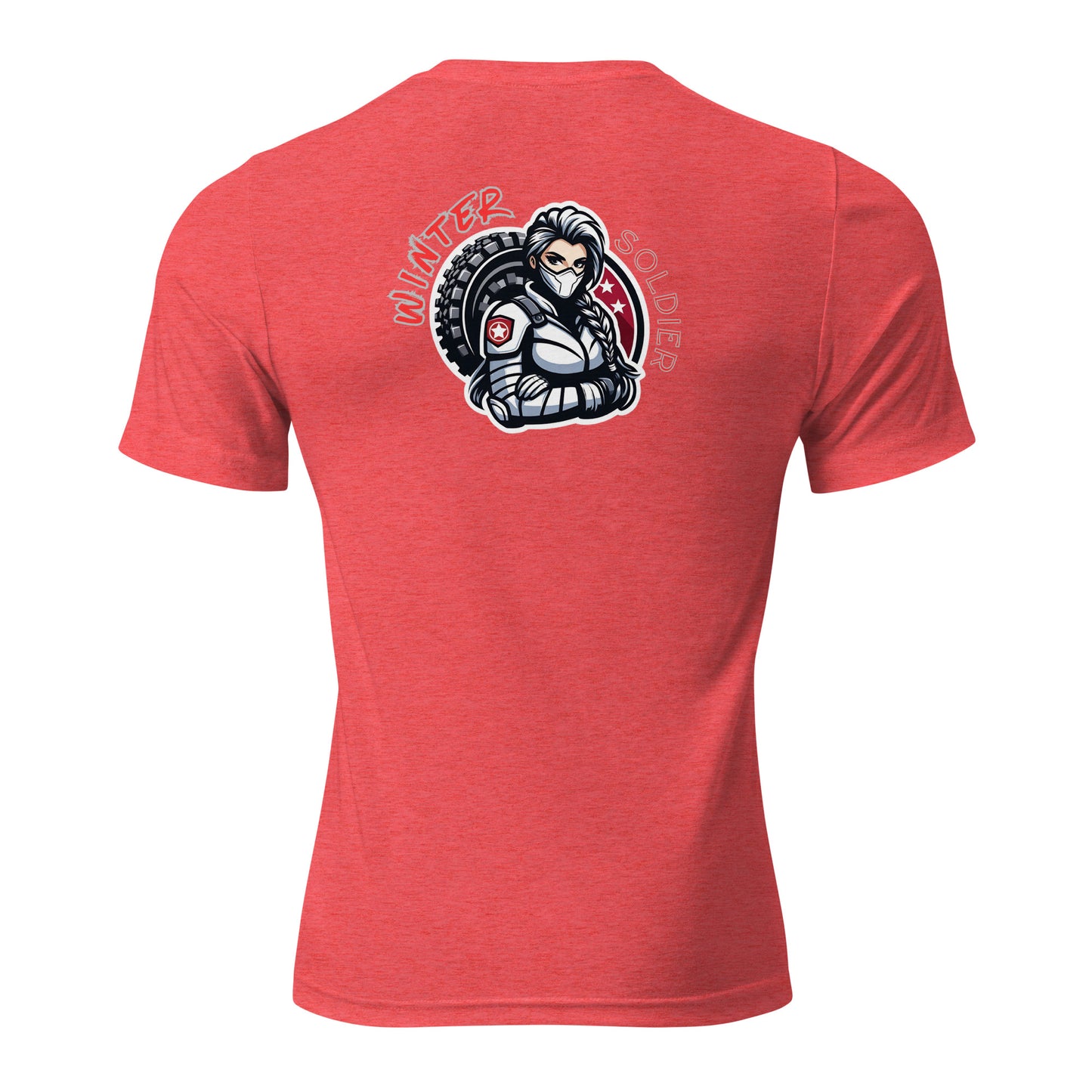 a red t - shirt with a picture of a man in a helmet