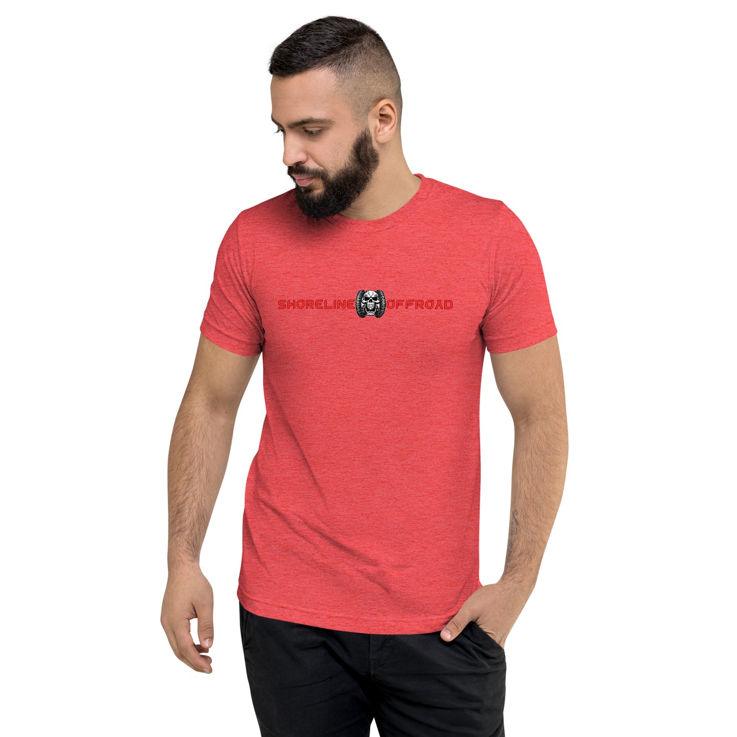 a man with a beard wearing a red shirt