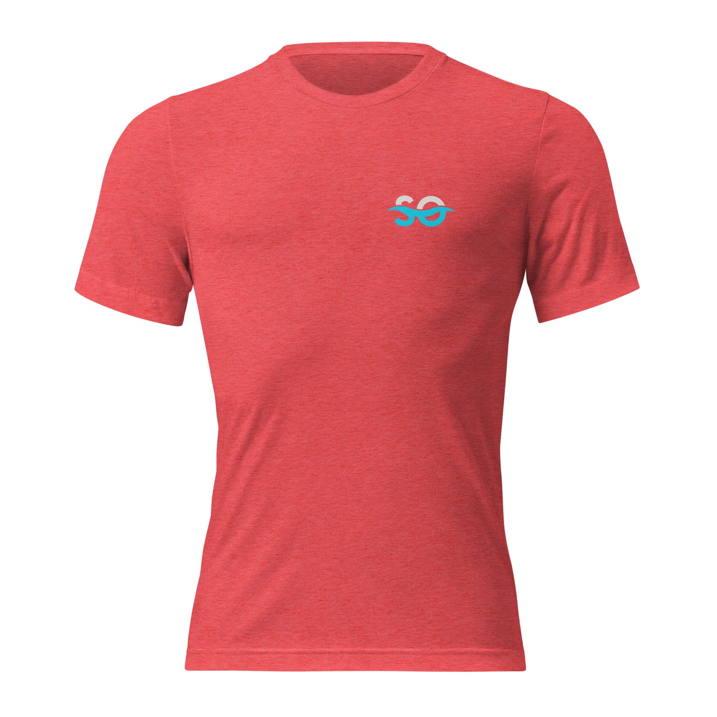 a red t - shirt with a blue logo on the chest