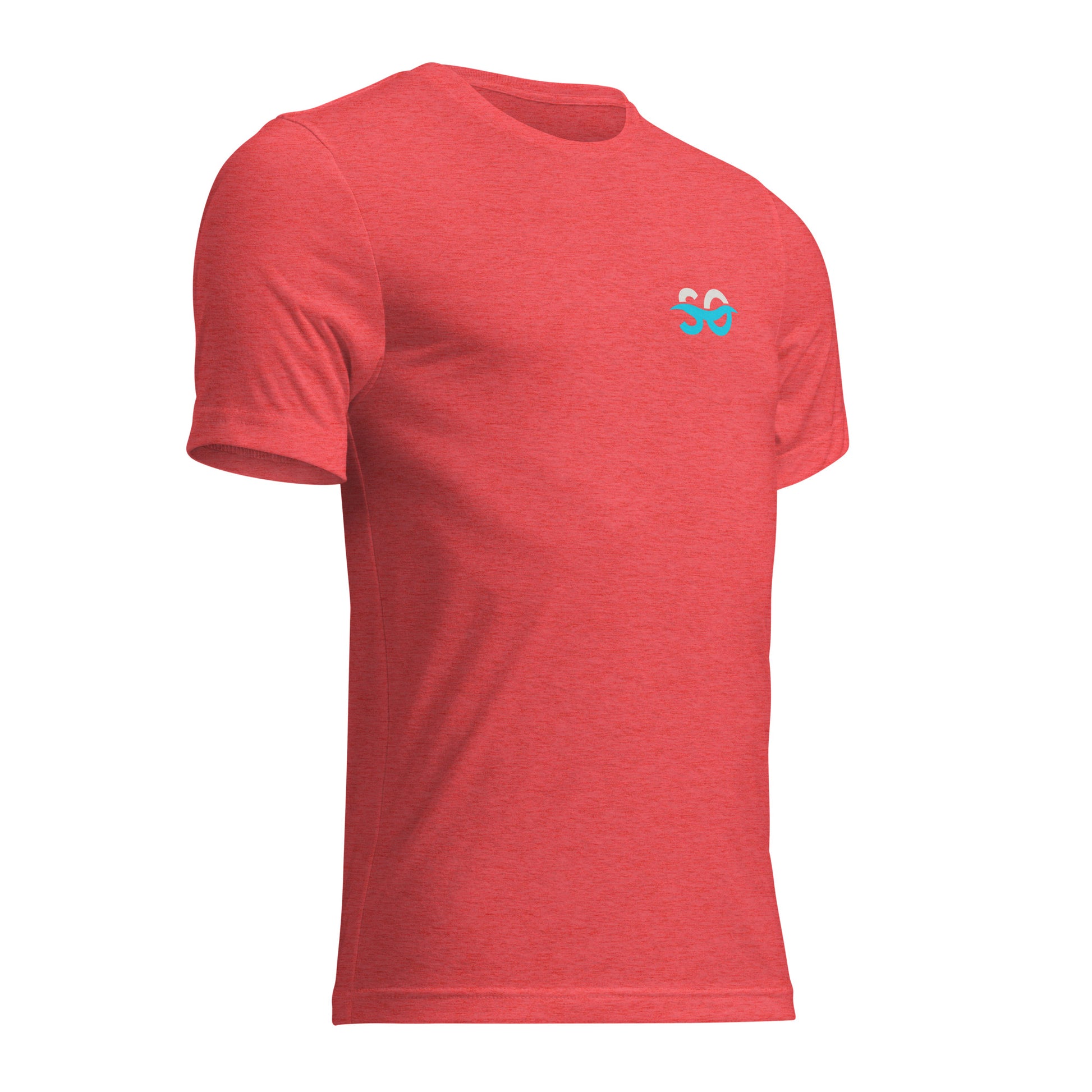 a red t - shirt with a blue logo on the chest