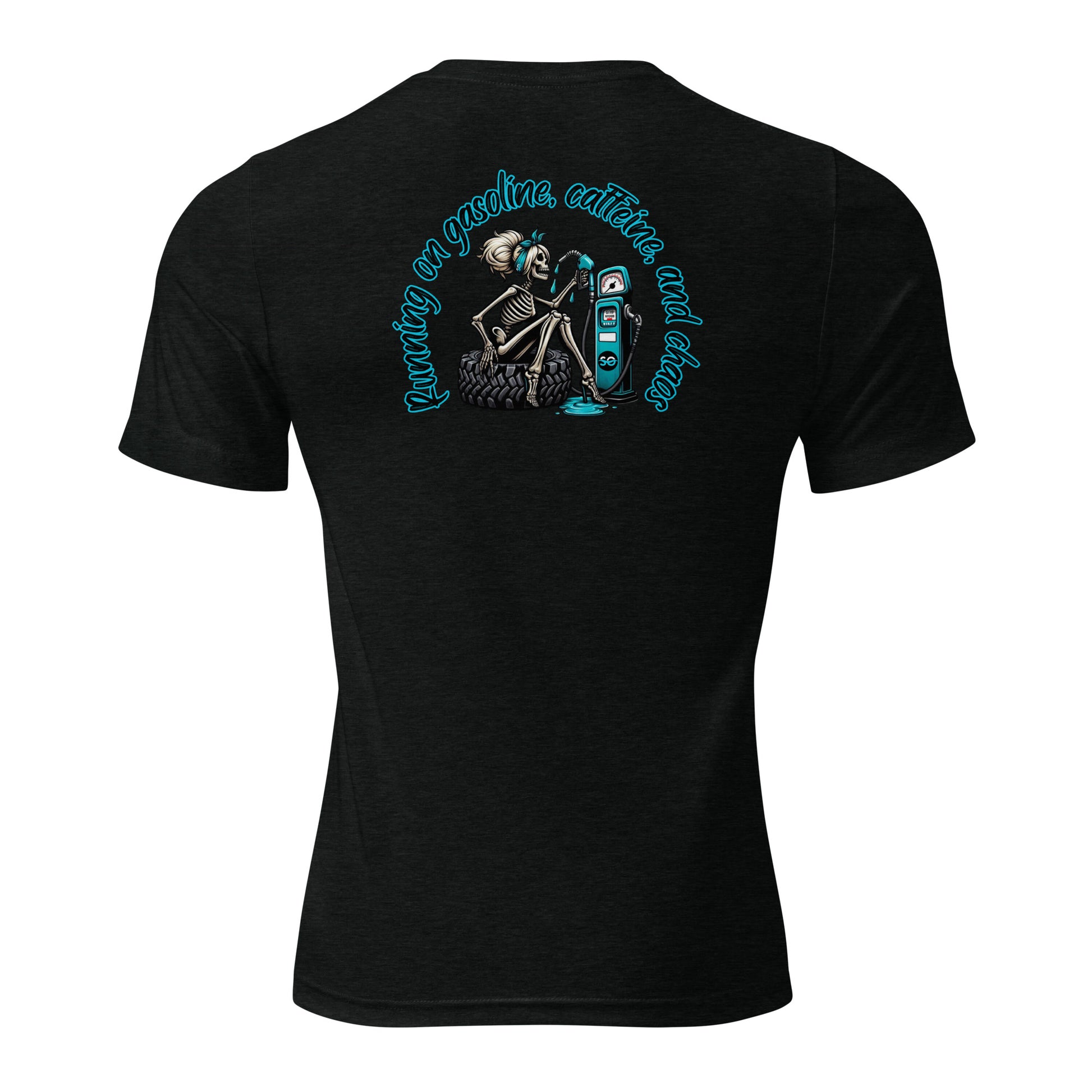 a black t - shirt with a skeleton riding a snowboard