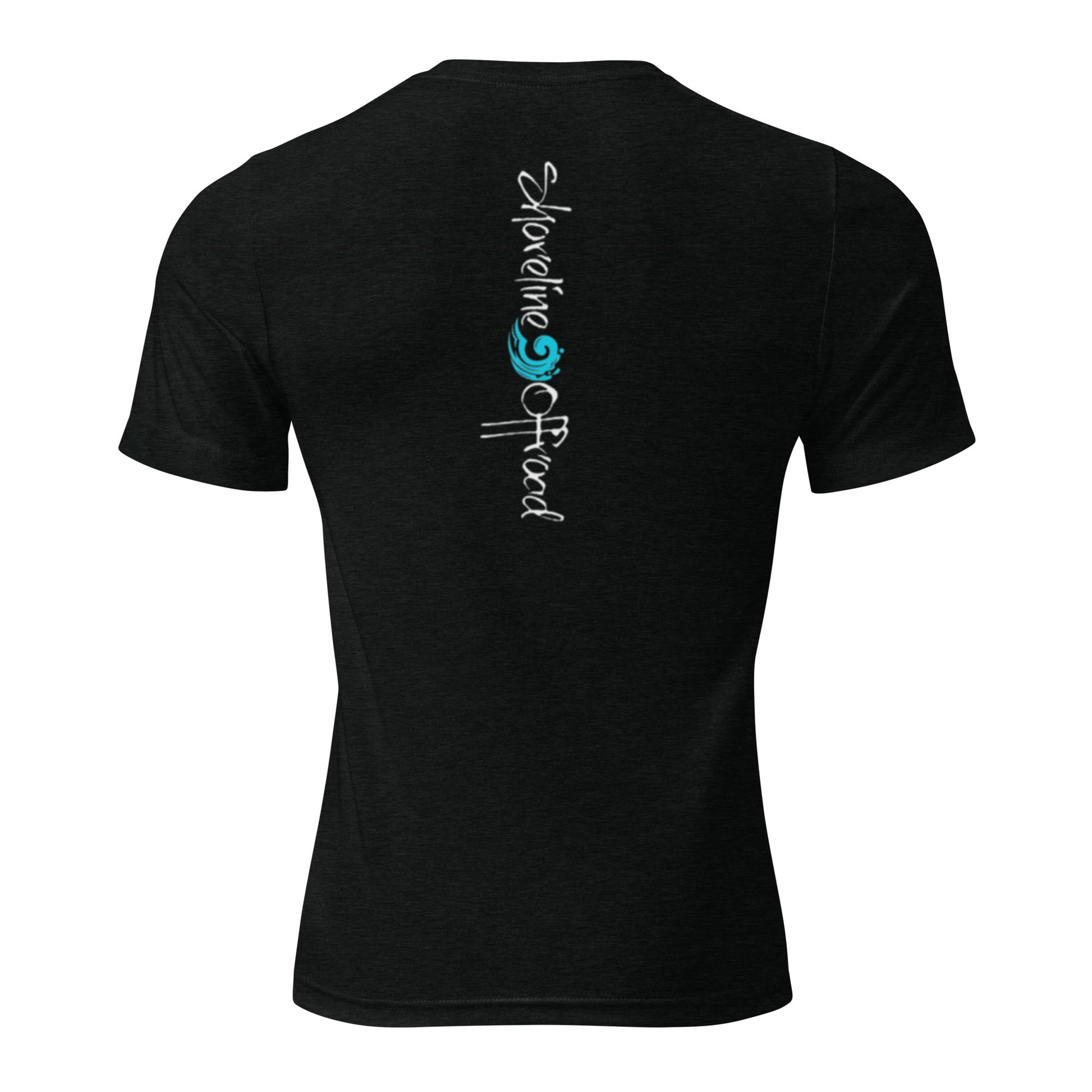 the back of a black shirt with a blue and green logo