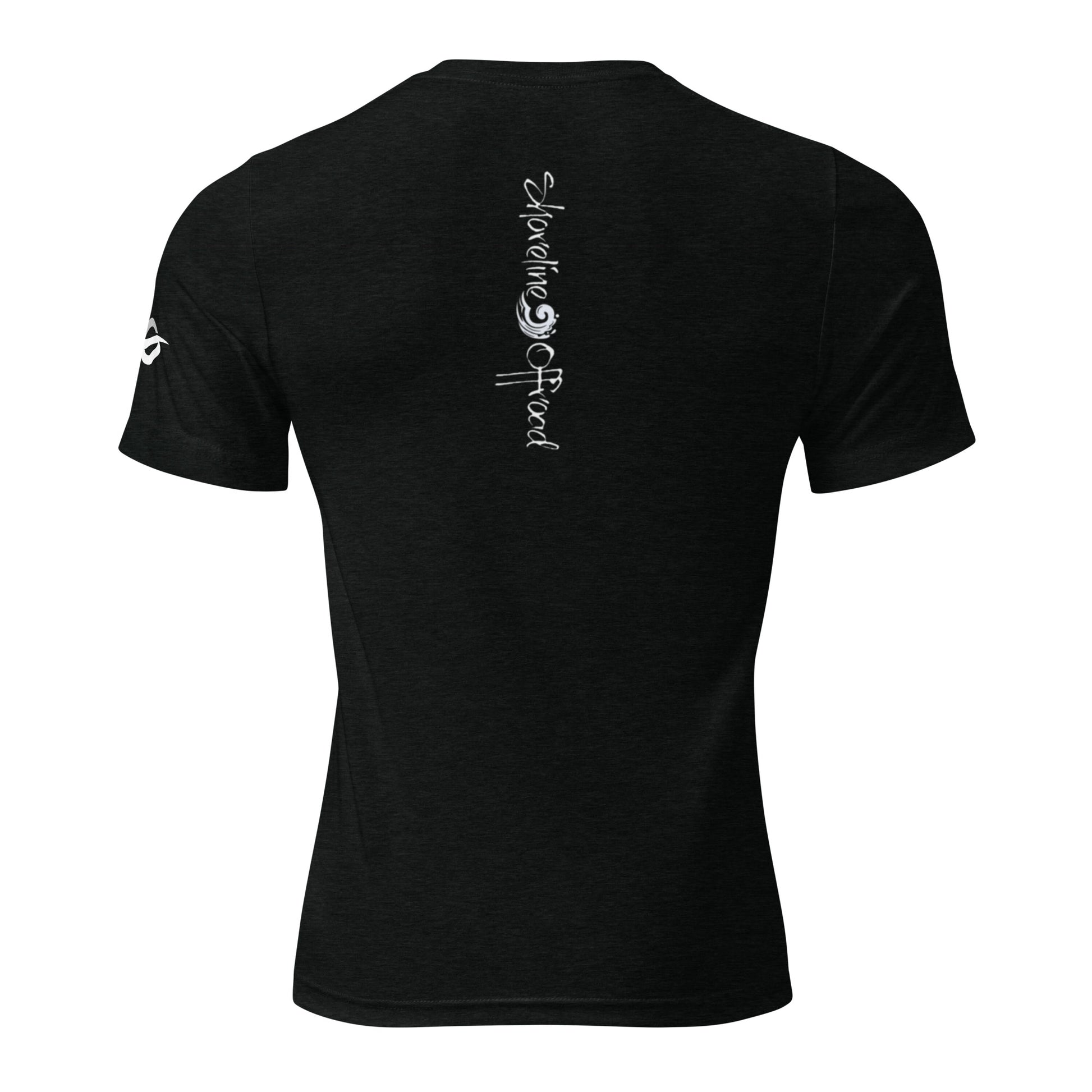 the back of a black shirt with white writing on it