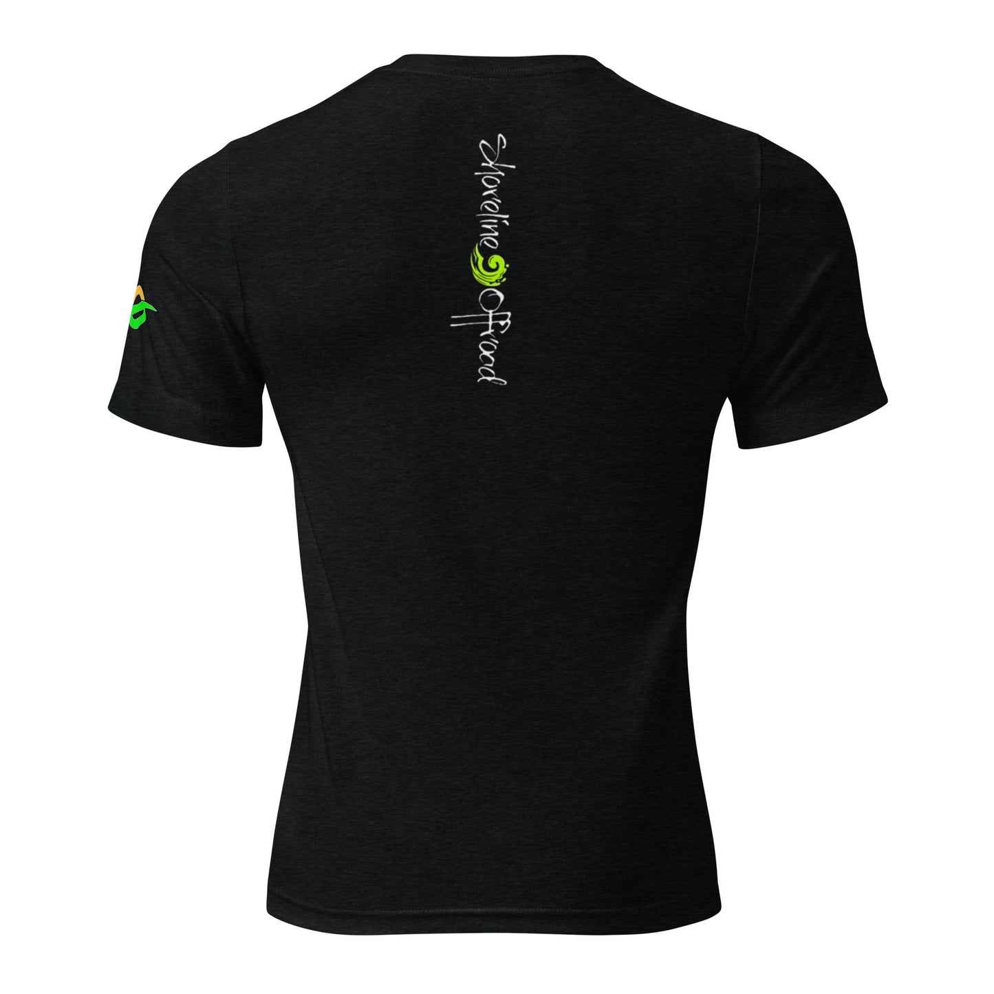 the back of a black shirt with green writing on it