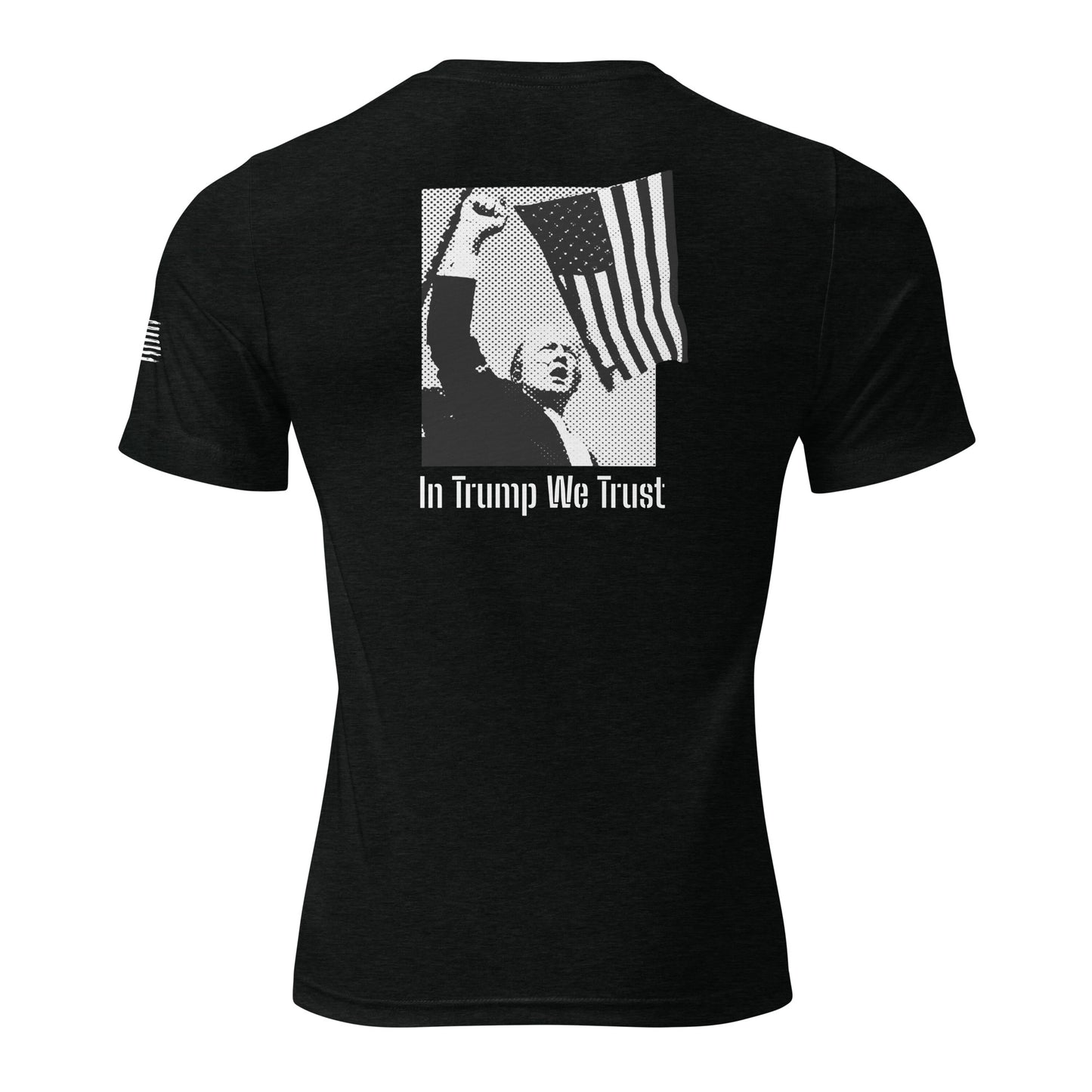 a black t - shirt with a picture of a person holding an american flag