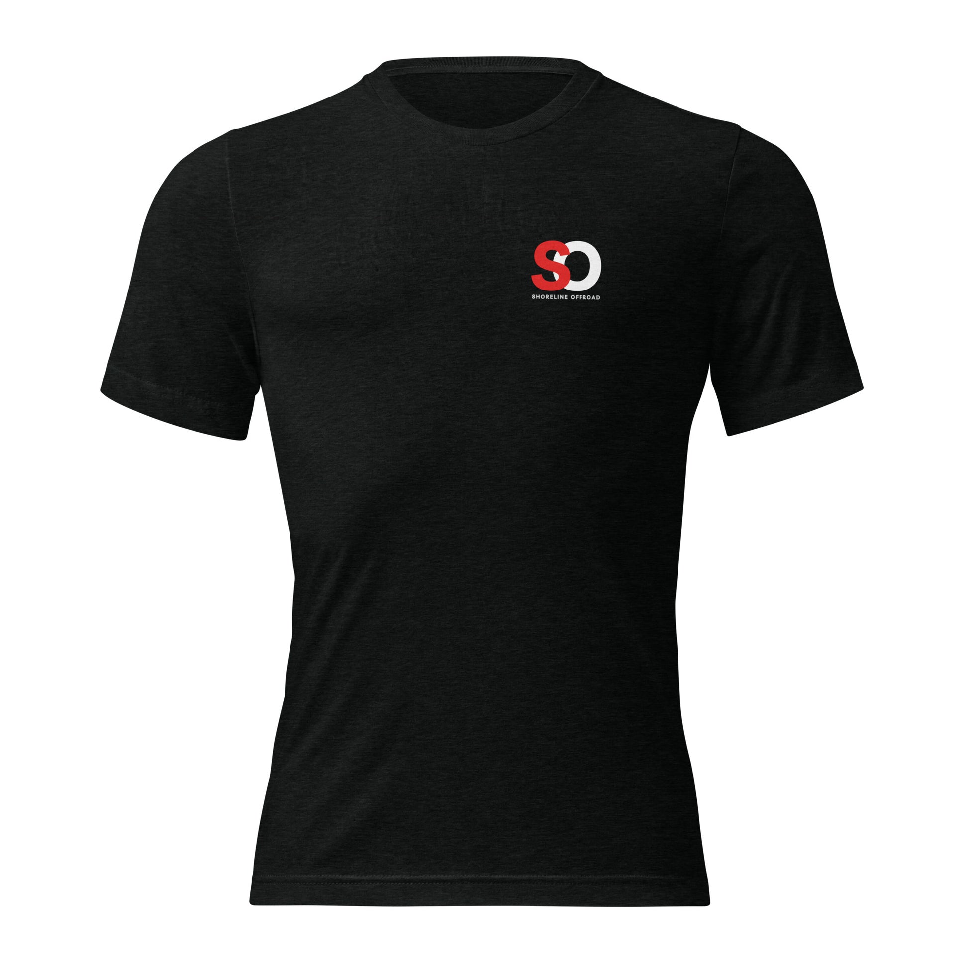 a black t - shirt with a red and white logo