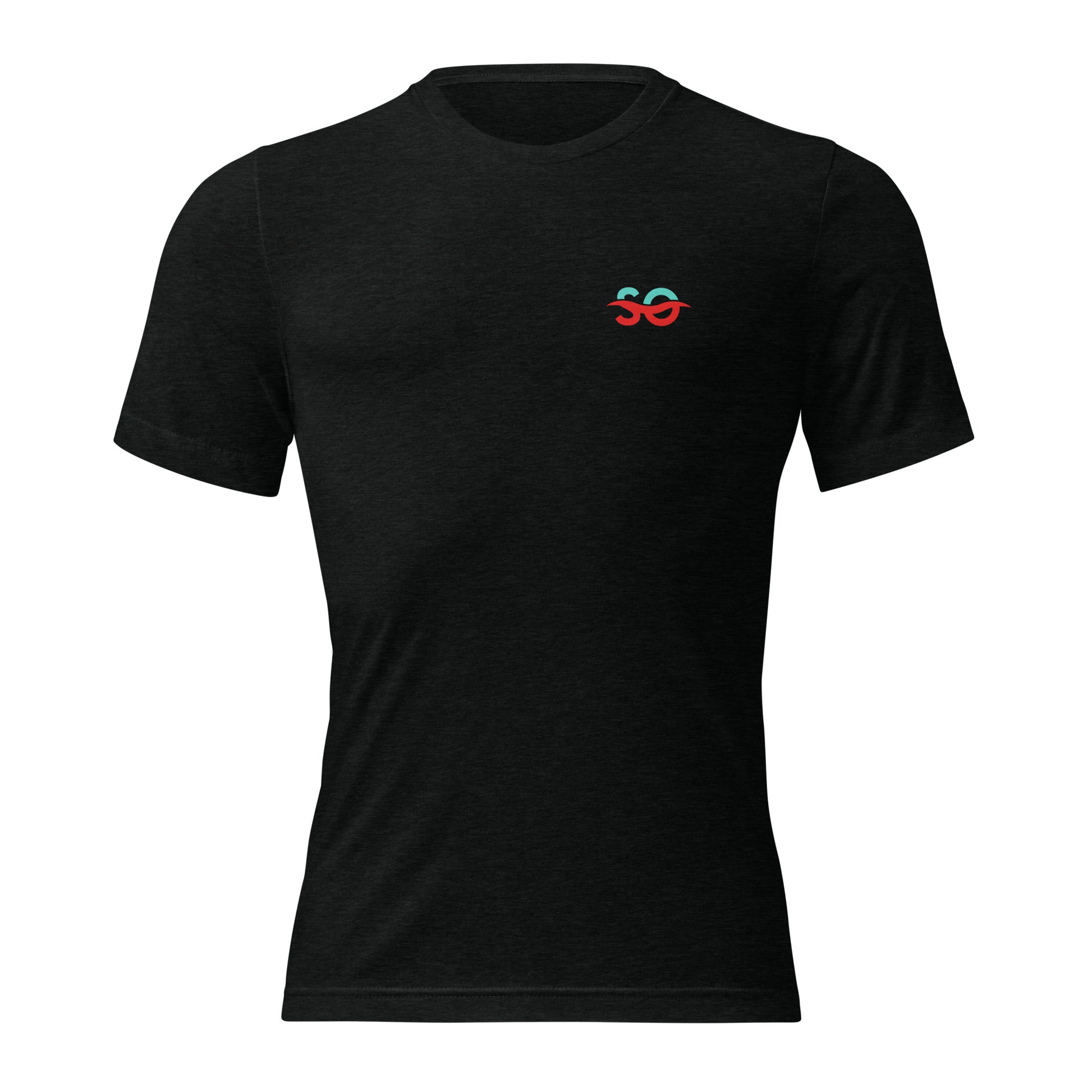 a black t - shirt with a red logo on the chest