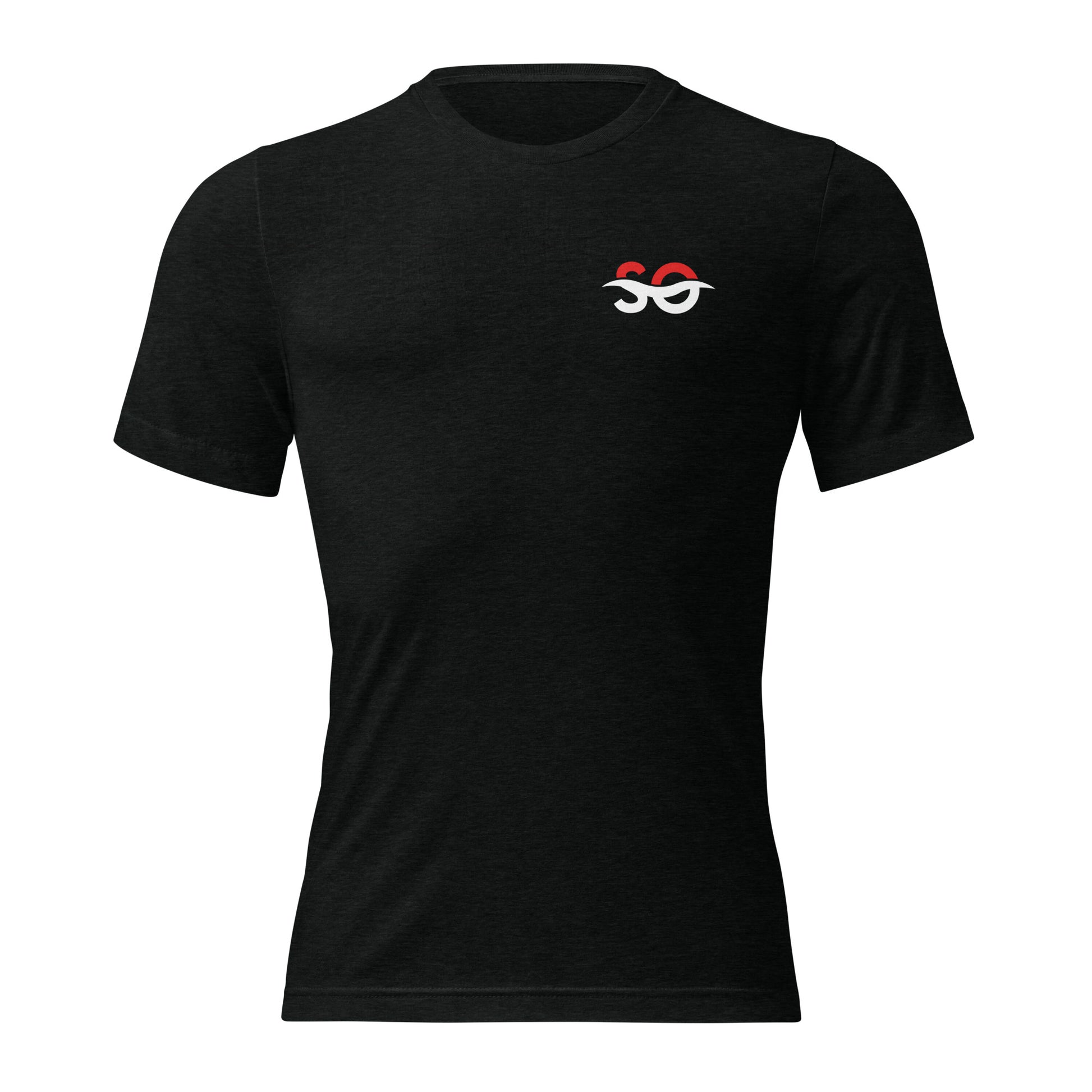 a black t - shirt with a red and white logo