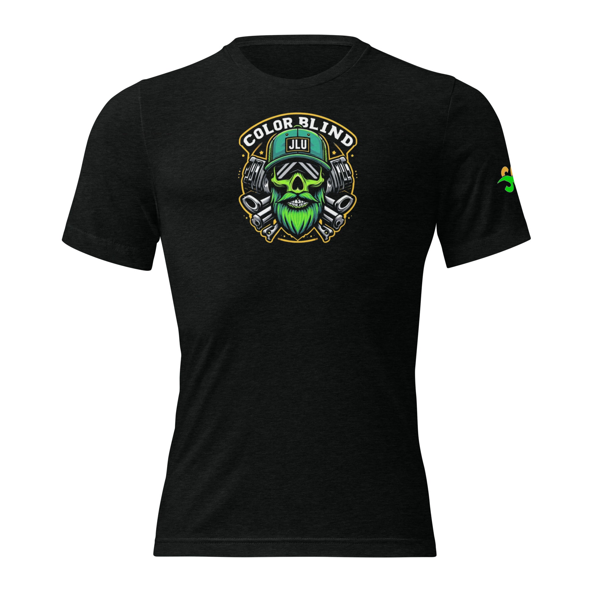 a black shirt with a green skull on the front