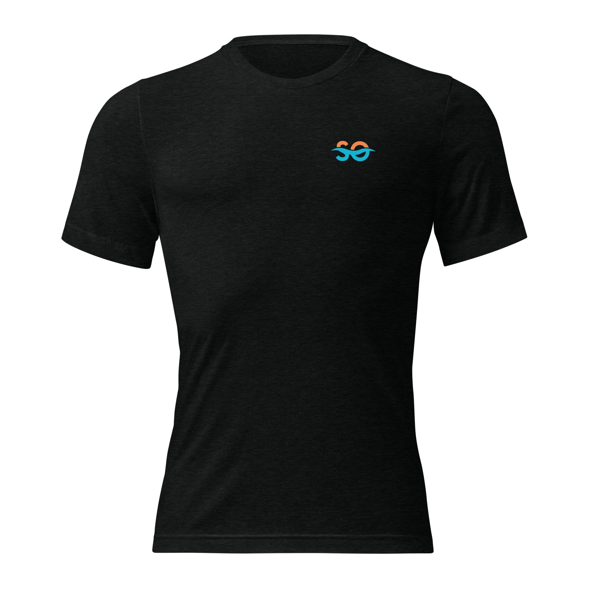 a black t - shirt with a blue and orange logo