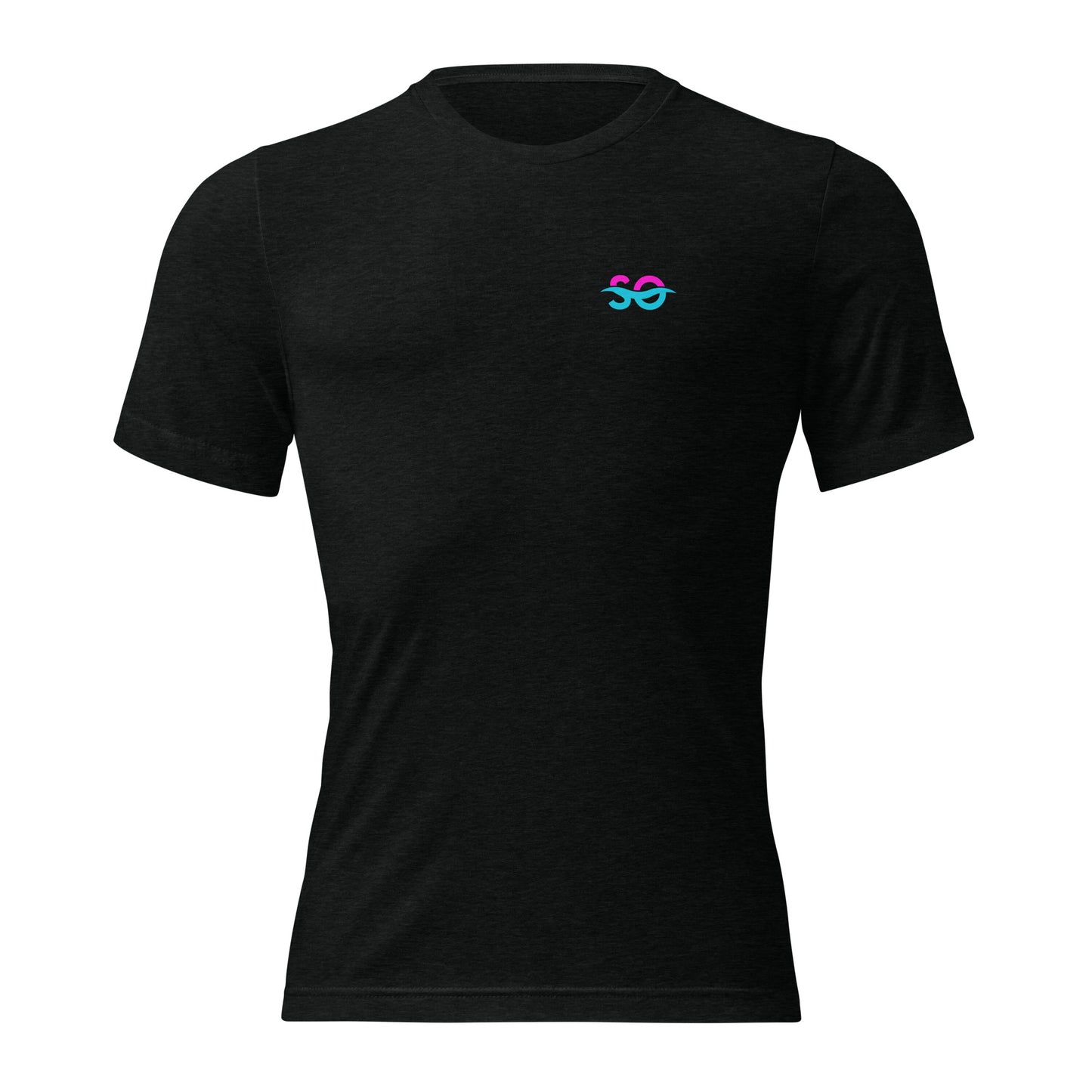 a black t - shirt with a blue logo on the chest