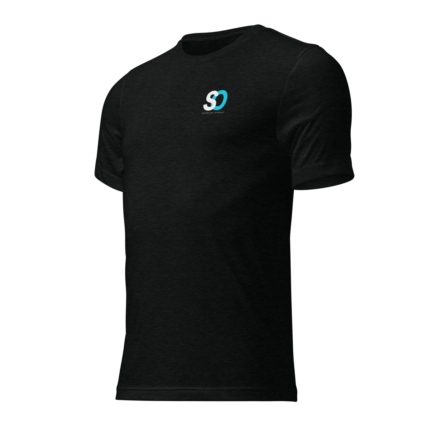 a black t - shirt with a blue logo on the chest